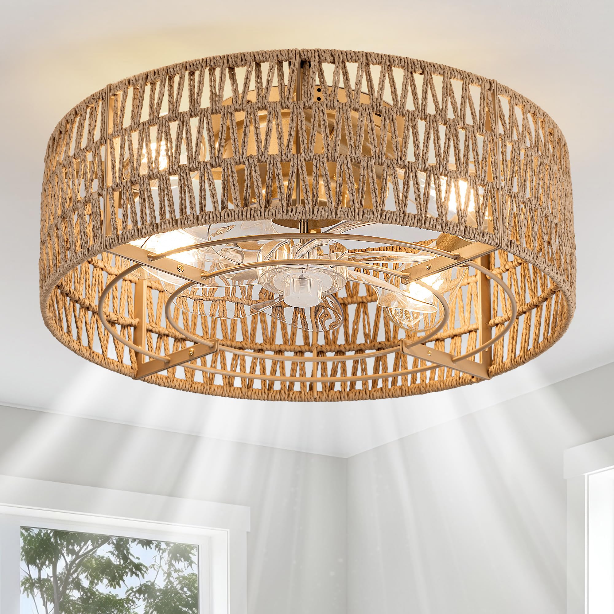 XYLLIFY Boho Caged Ceiling Fans with Lights Flush Mount, Hand-Woven Rattan Ceiling Fans with Light and Remote Control, Enclosed 