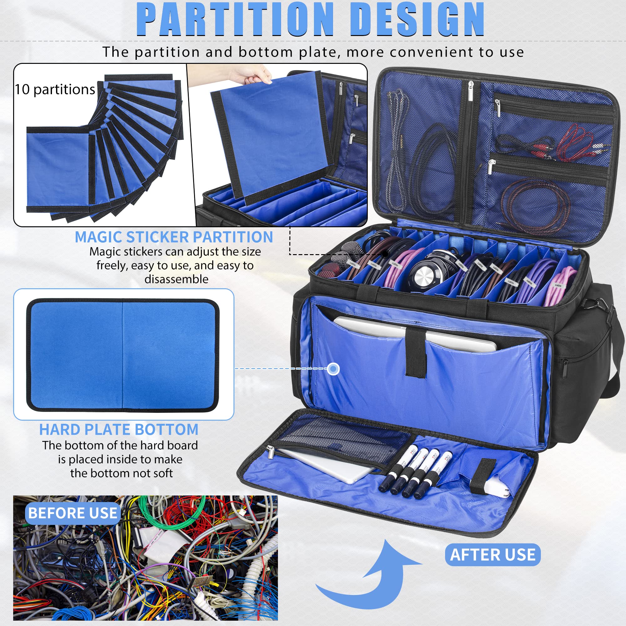 Akozlin Cable File Bag With Detachable Dividers Dj Gig Bag Cord Organizer Case For Laptop,Dj Gear,Music Equipment Accessories