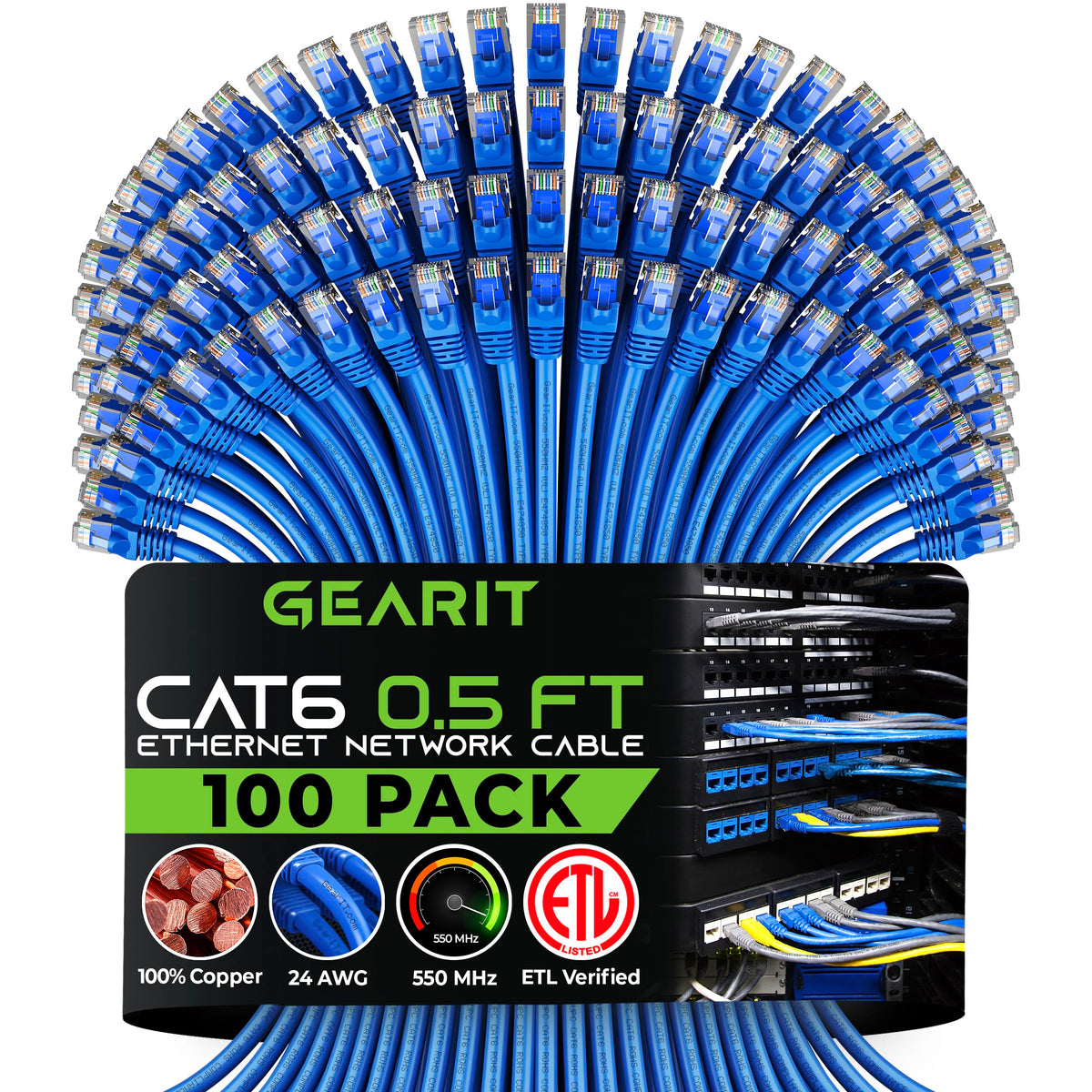 Gearit 100 Pack, Cat 6 Ethernet Cable Cat6 Snagless Patch 0.5 Feet   Snagless Rj45 Computer Lan Network Cord, Blue   Compatible