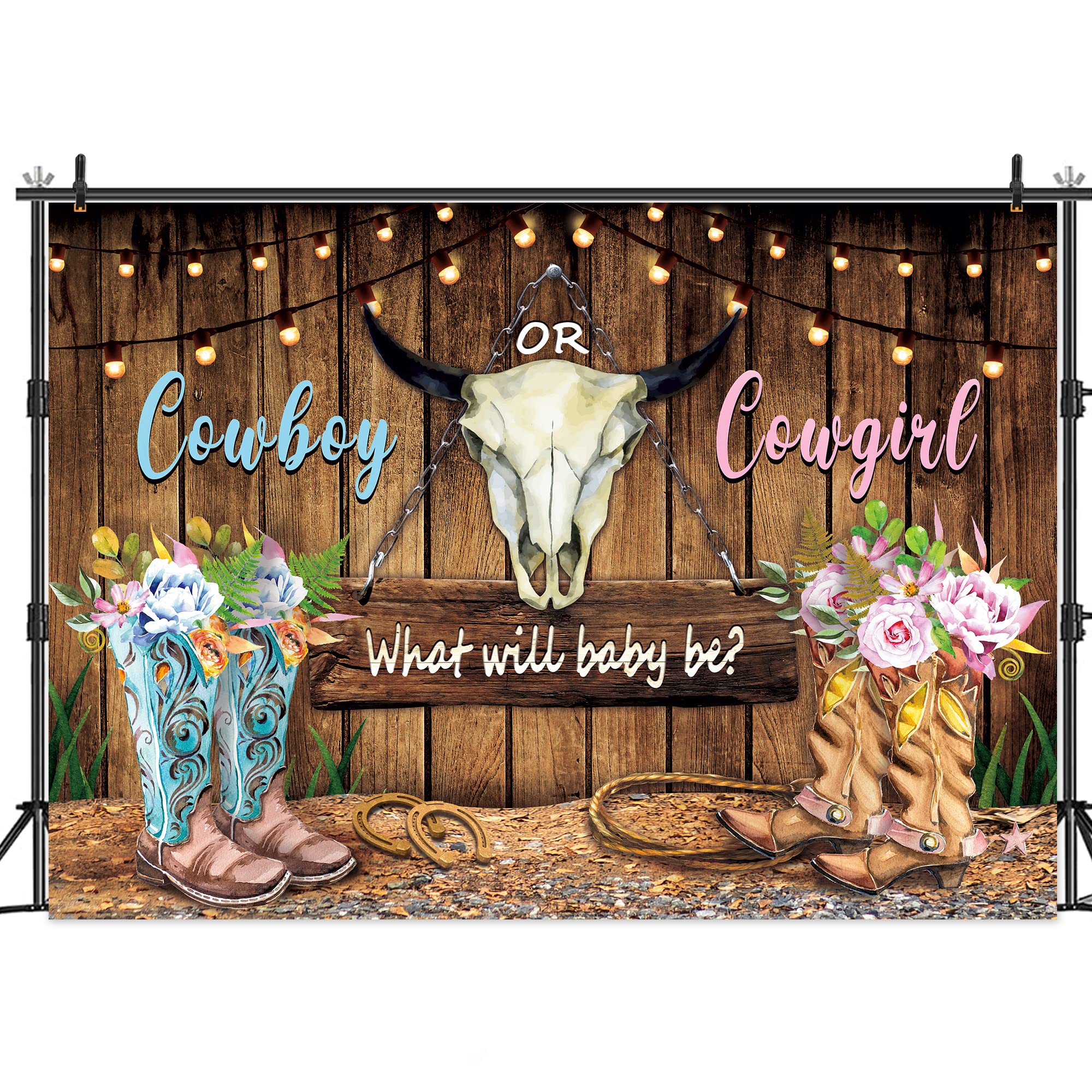 Lightinhome Western Gender Reveal Backdrop 7Wx5H Feet Floral Rustic Wood Cowboy Or Cowgirl What Will Baby Be Boots Baby Shower P