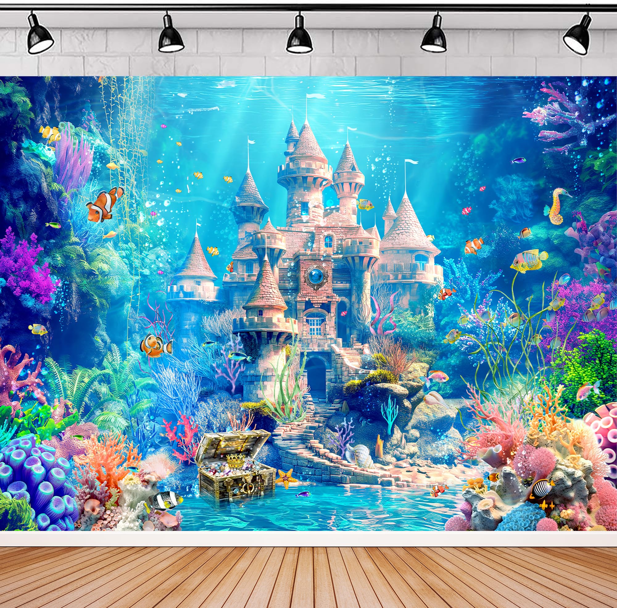 Svbright Ocean Castle Backdrop 7Wx5H Princess Underwater Sea Fairy Birthday Wonderland Aquarium Sea Fish Coral Plant Cute Kids C