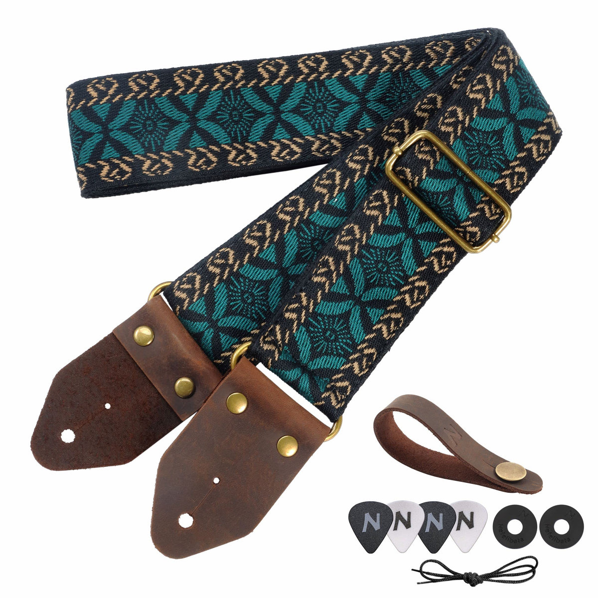 Nefelibata Guitar Strap,Jacquard Embroidery Cotton Guitar Straps With Crazy Horse Leather Leather Ends For Bass, Electric & Acou
