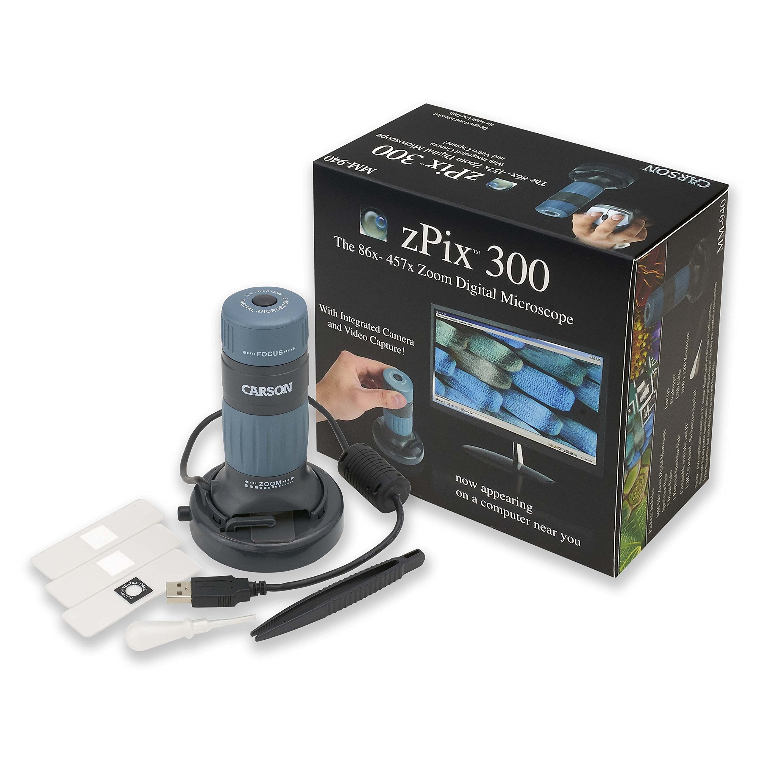 Carson Mm 940 Zpix 300 Zoom 86X 457X Power Usb Digital Microscope With Integrated Camera And Video Capture,Black