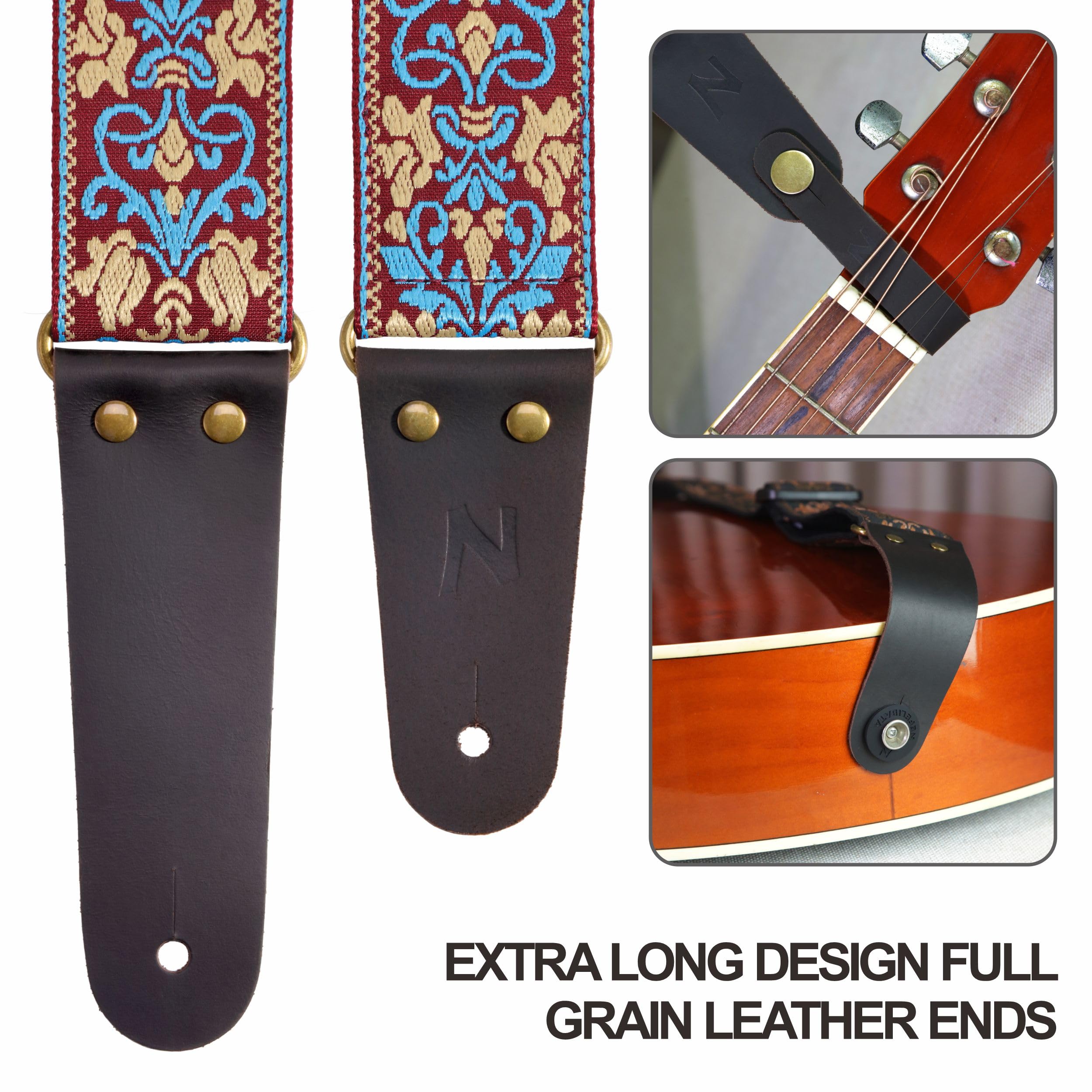 Nefelibata Guitar Strap, 2'' Jacquard Embroidery Guitar Straps, Full Grain Leather Ends With Hidden Pocket, For Bass, Electric A