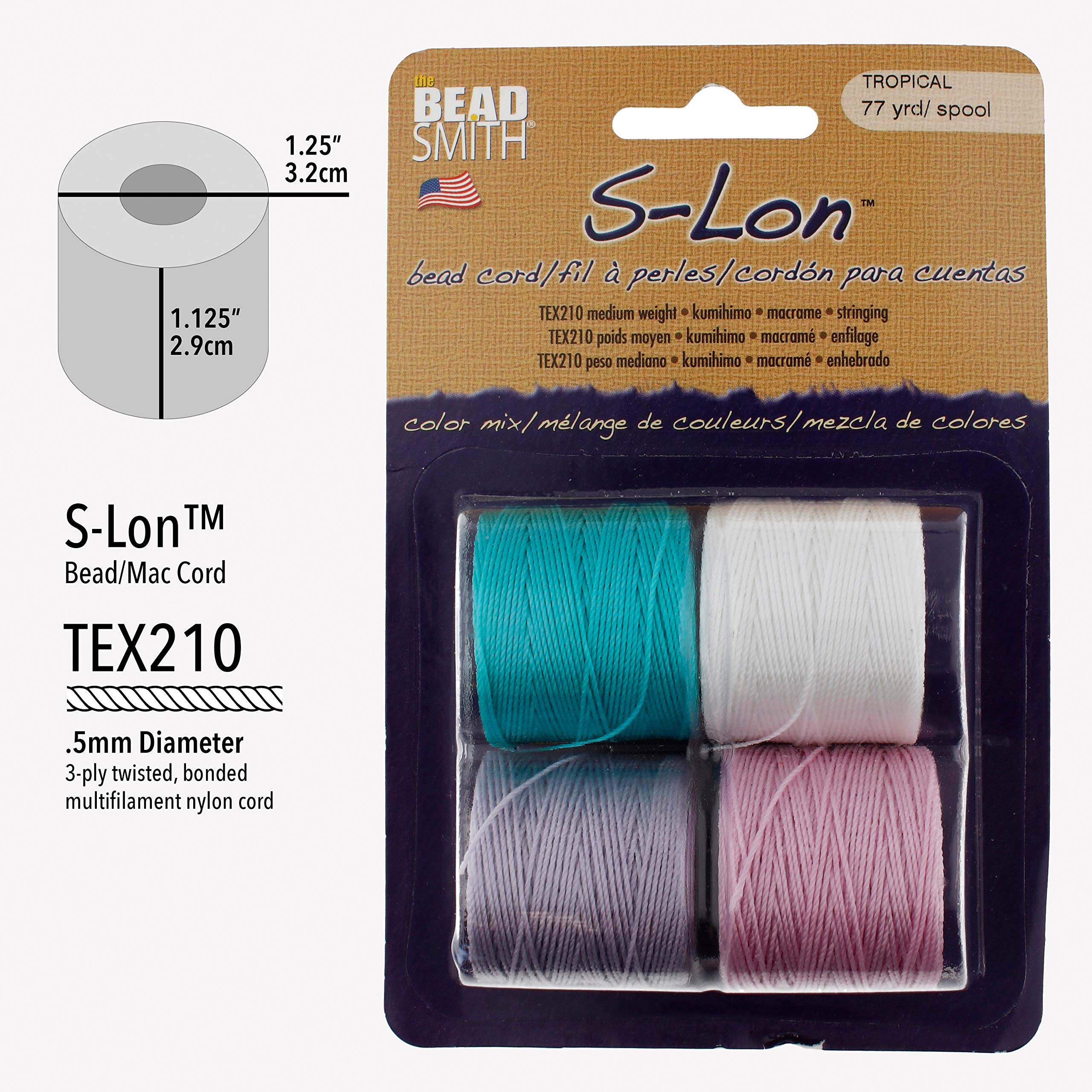 The Beadsmith S Lon #18 Nylon Cord   Tropical Mix   Tex210 Cord, .5Mm Diameter, 4 Pack, 77 Yard Spools   For Stringing Beading C