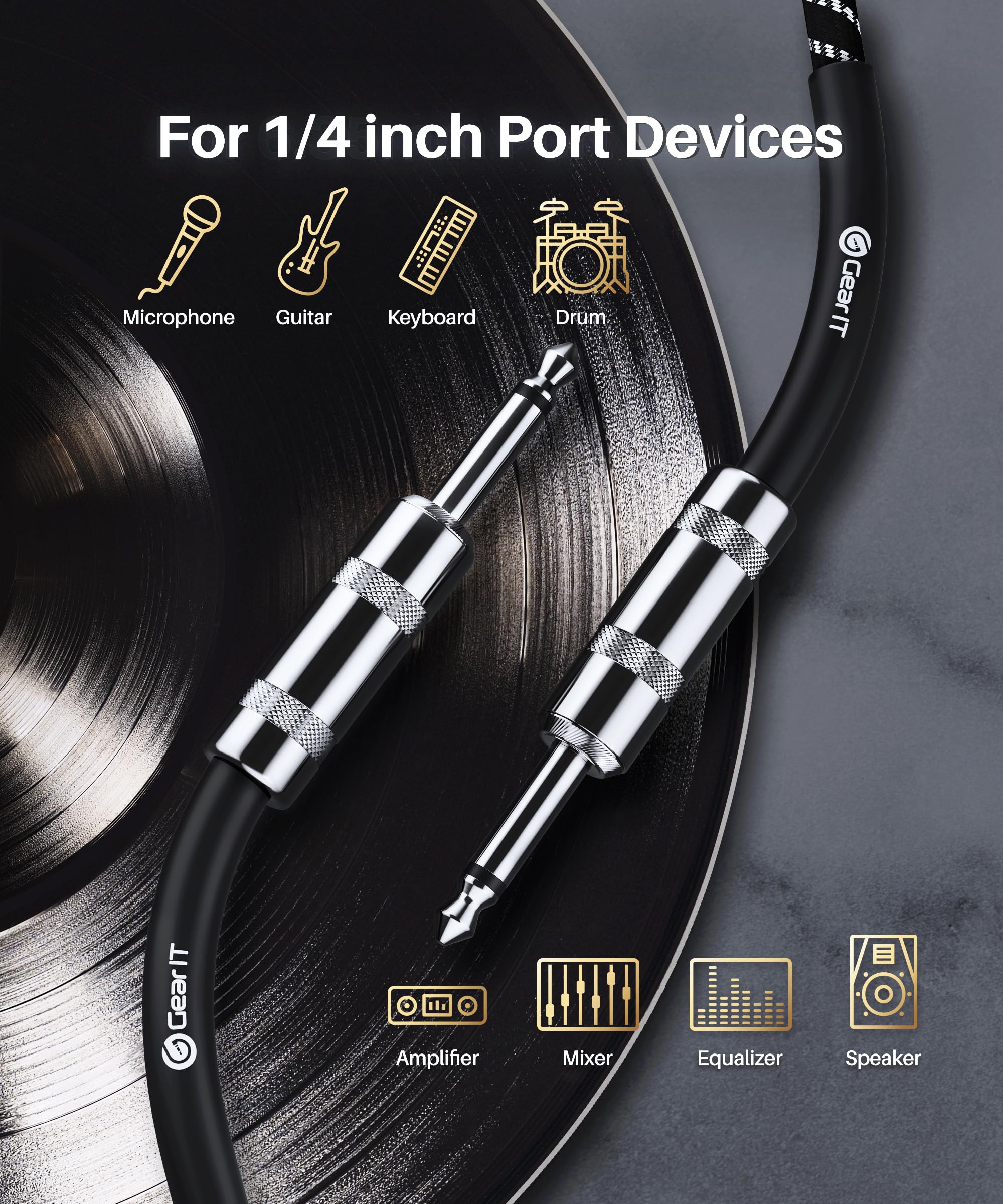 Gearit Audio Instrument Cable (15Ft) 1/4 Inch To 1/4 Inch Straight Male To Male For Amp Cord, Bass And Electric Guitar   Black/W