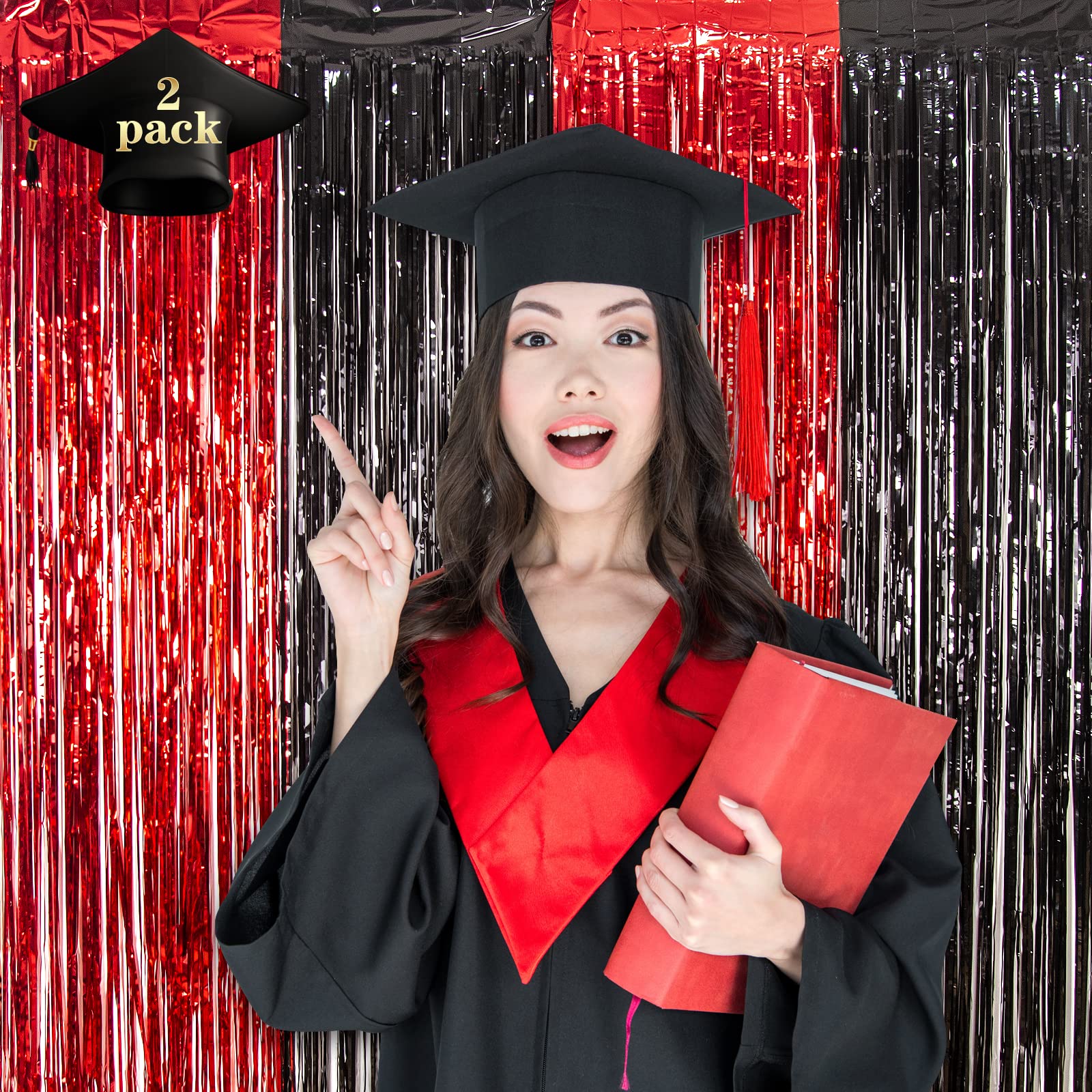 Lolstar 2Pack Red And Black 2024 Graduation Party Decorations, 3.3X6.6 Ft Foil Fringe Curtains Tinsel Metalitic Graduation Photo