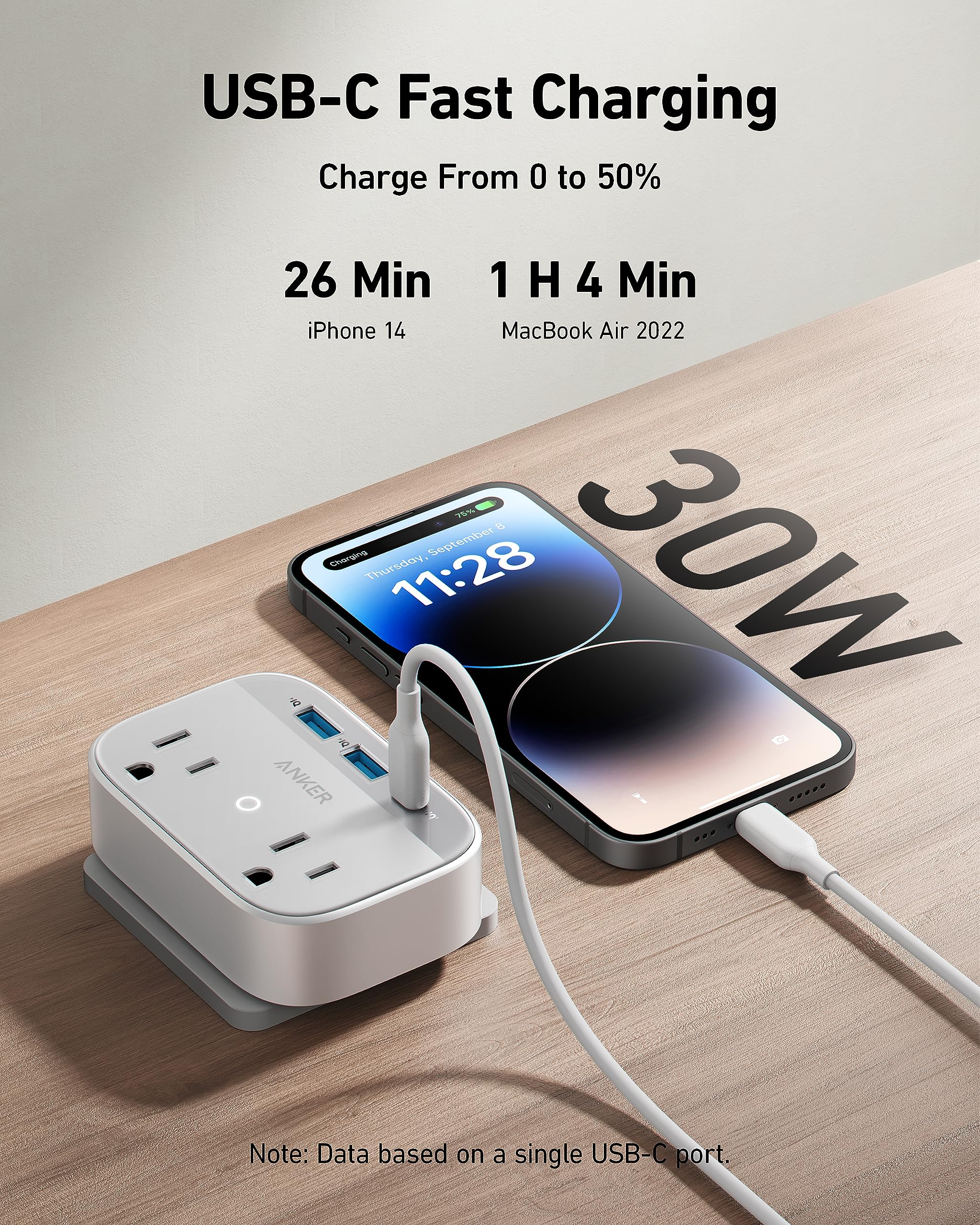 Anker Portable Outlet Extender With Foldable Plug, 5 Multi Plug Outlet, High Speed 30W Usb C Power Delivery, Compatible With Iph