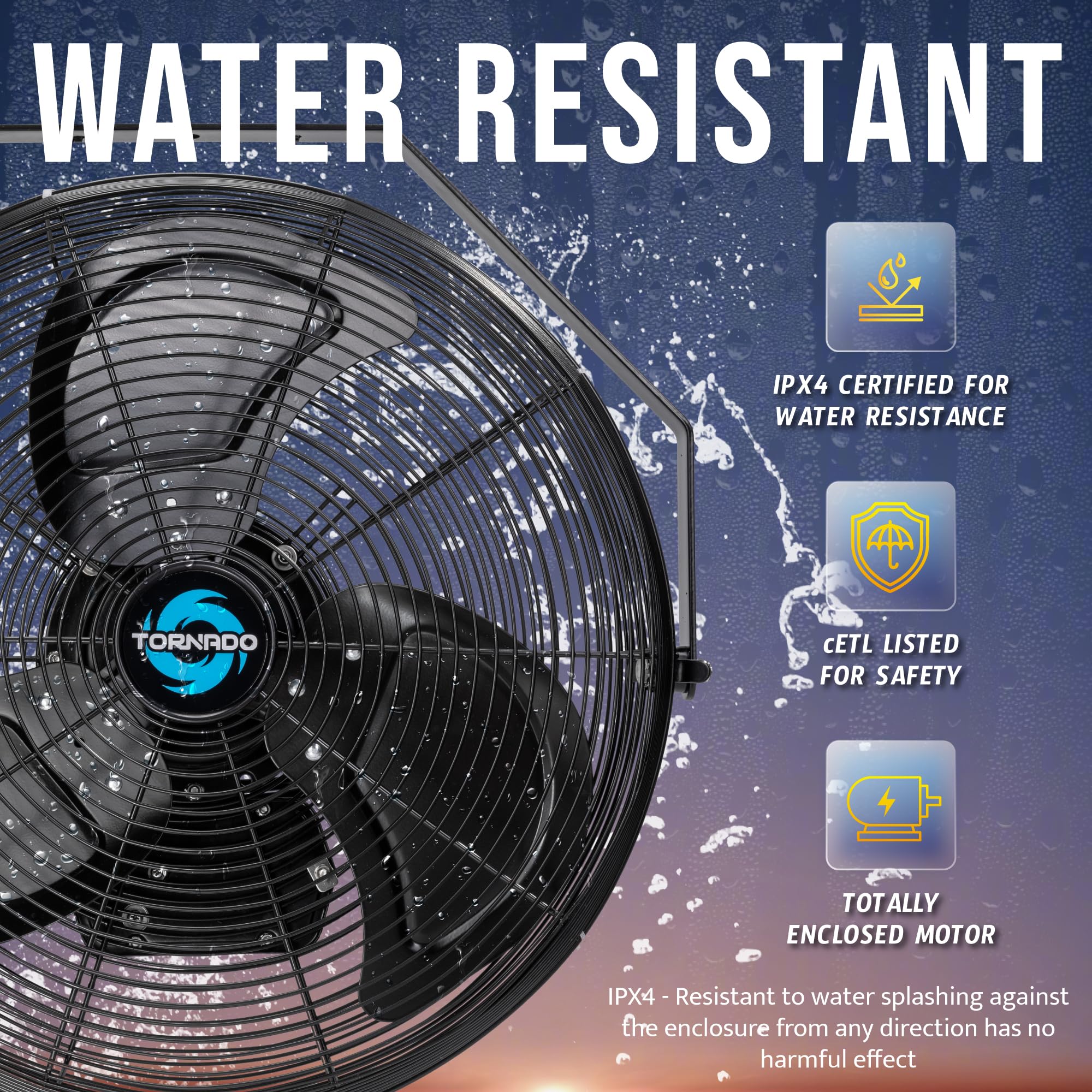 Tornado 18 Outdoor Ipx4 Rated Water-Resistant Metal Industrial Wall Mount Fan, 3 Speed High Velocity Wall Fan For Commercial, In