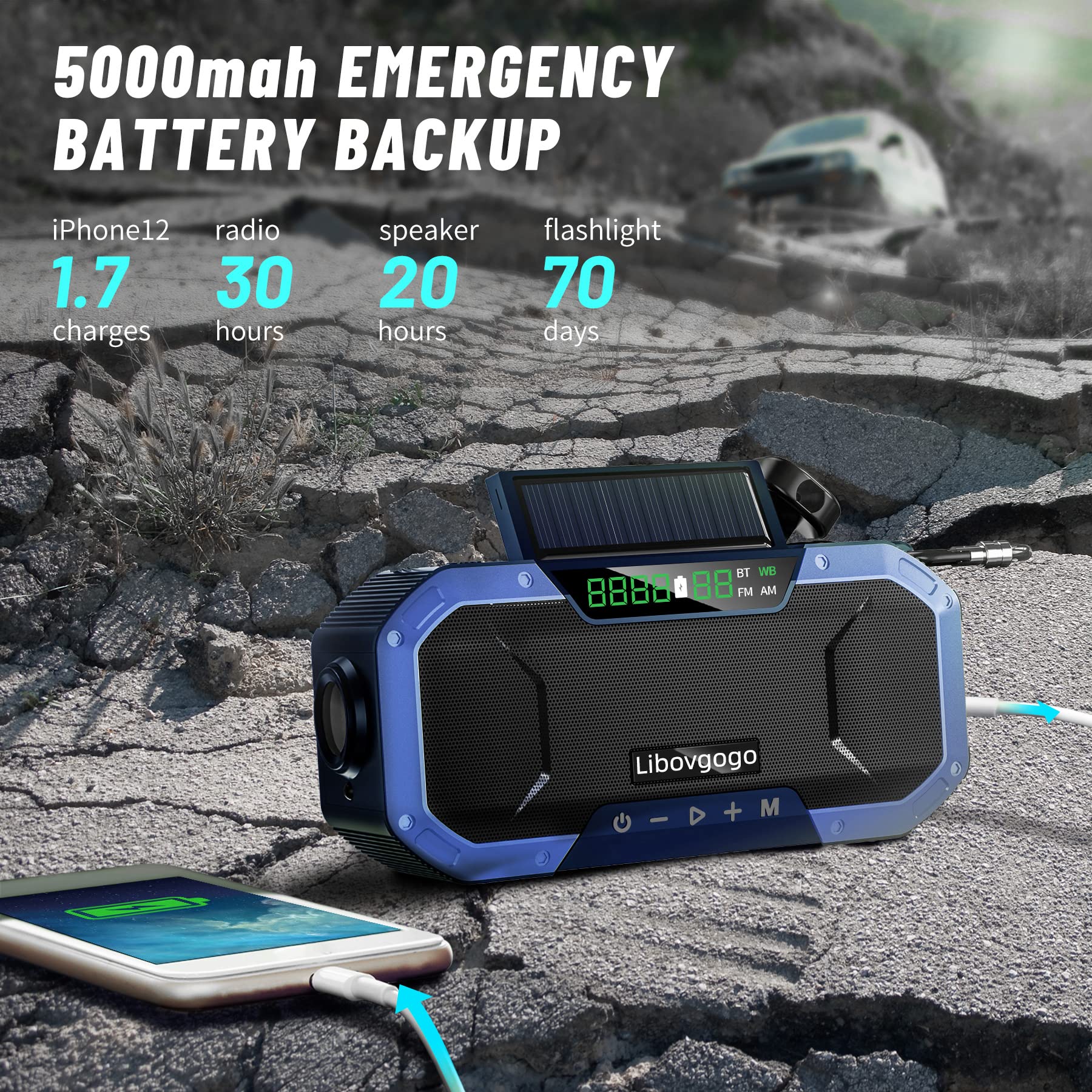 Emergency Radio Waterproof Bluetooth Speaker,Portable Digital Am Fm Radio With Flashlight,Reading Lamp,Hand Crank Noaa Weather R