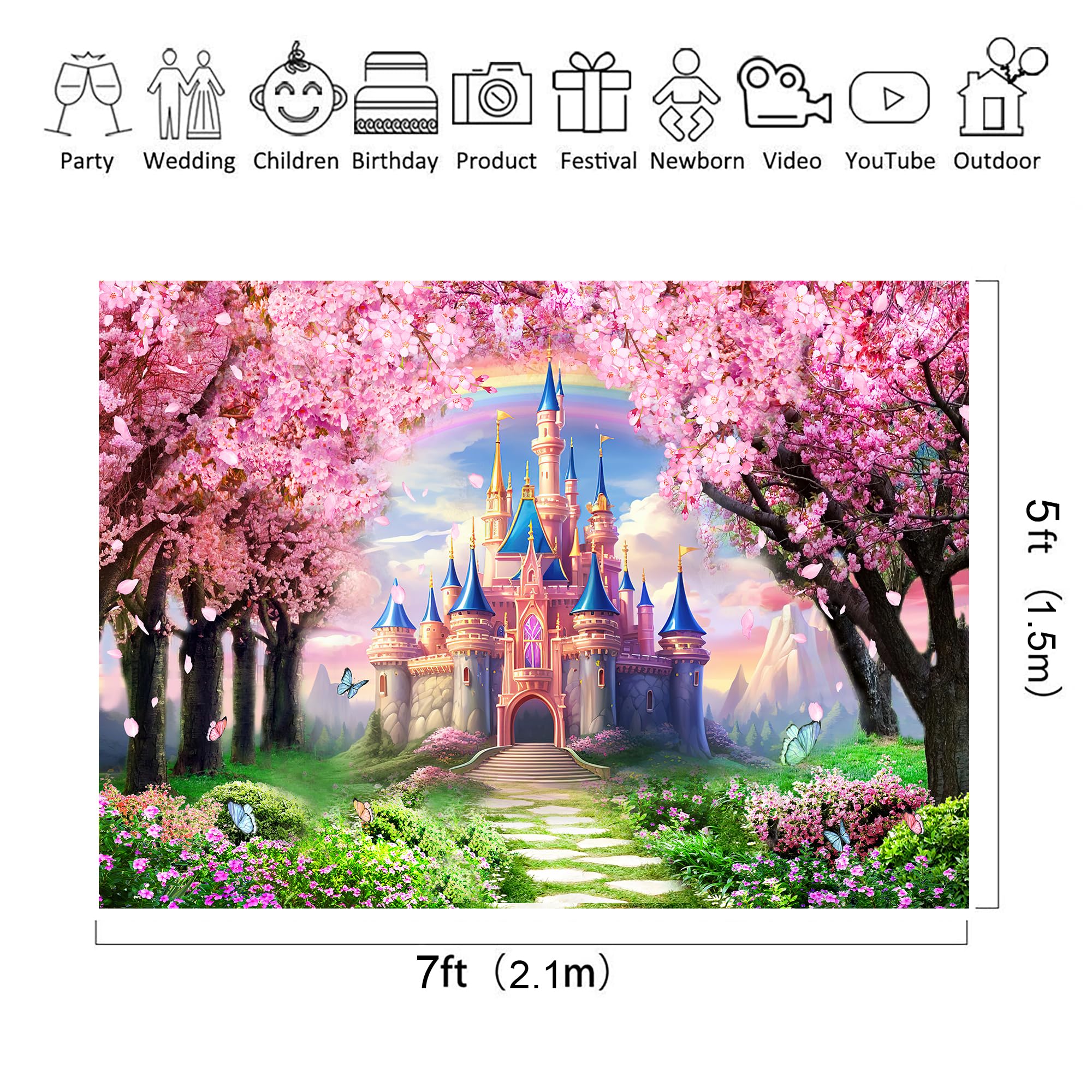 Riyidecor Princess Castle Backdrop Rainbow Pink Sakura Flowers Floral Fantasy Fairy Tale Wonderland 7Wx5H Feet Photography Backg