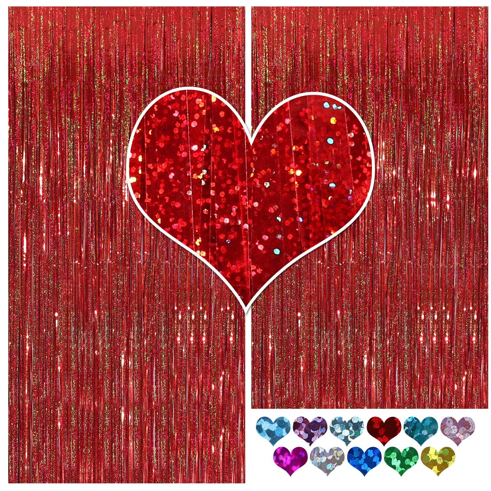 Cylmfc Metallic Tinsel Curtains, 2 Pack 3X8Ft Foil Fringe Backdrop For Birthday & Graduation Decorations, Red