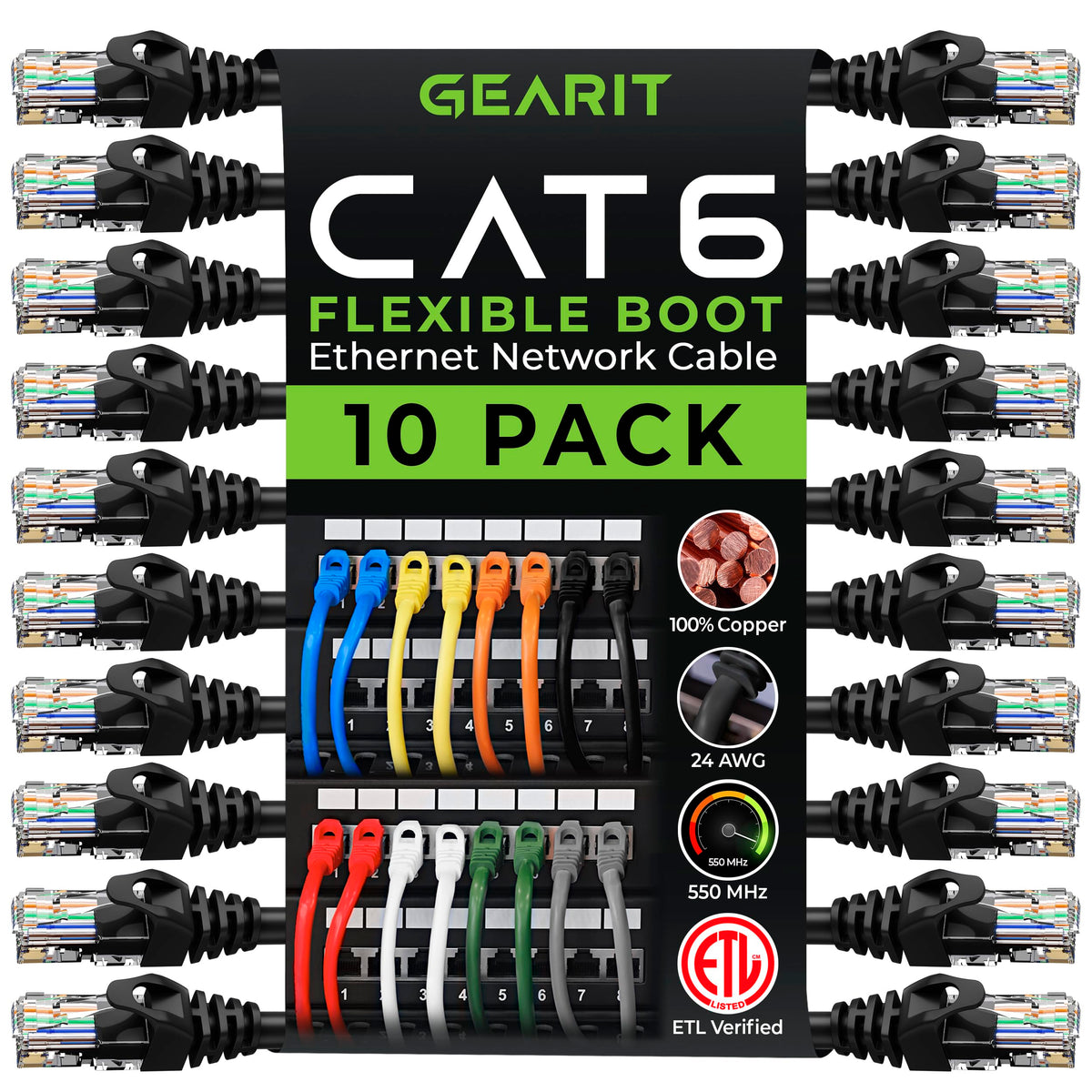 Gearit 10 Pack Cat6 Patch Cable 25 Feet Cat 6 Ethernet Cable Snagless Flexible Soft Tab   Preimum Series   Black