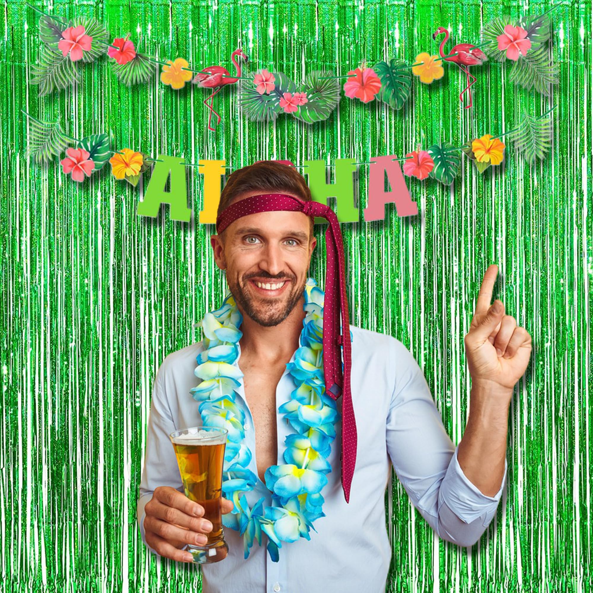 Braveshine Green Metallic Tinsel Foil Fringe Curtains   2 Pack 3.2 X 8.2 Ft Metallic Photo Backdrop For Graduates Theme/St Patri