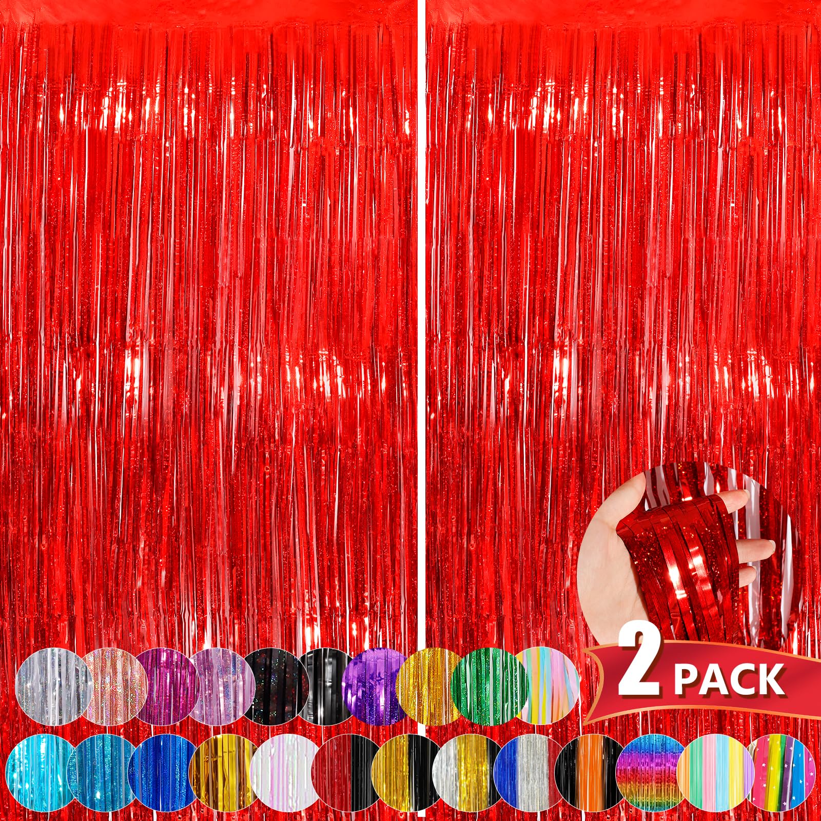Red Metallic Tinsel Foil Fringe Curtains, 2 Pack 3.3X8.3 Feet Party Streamer For Birthday Party Decorations, Halloween Decor, Fo