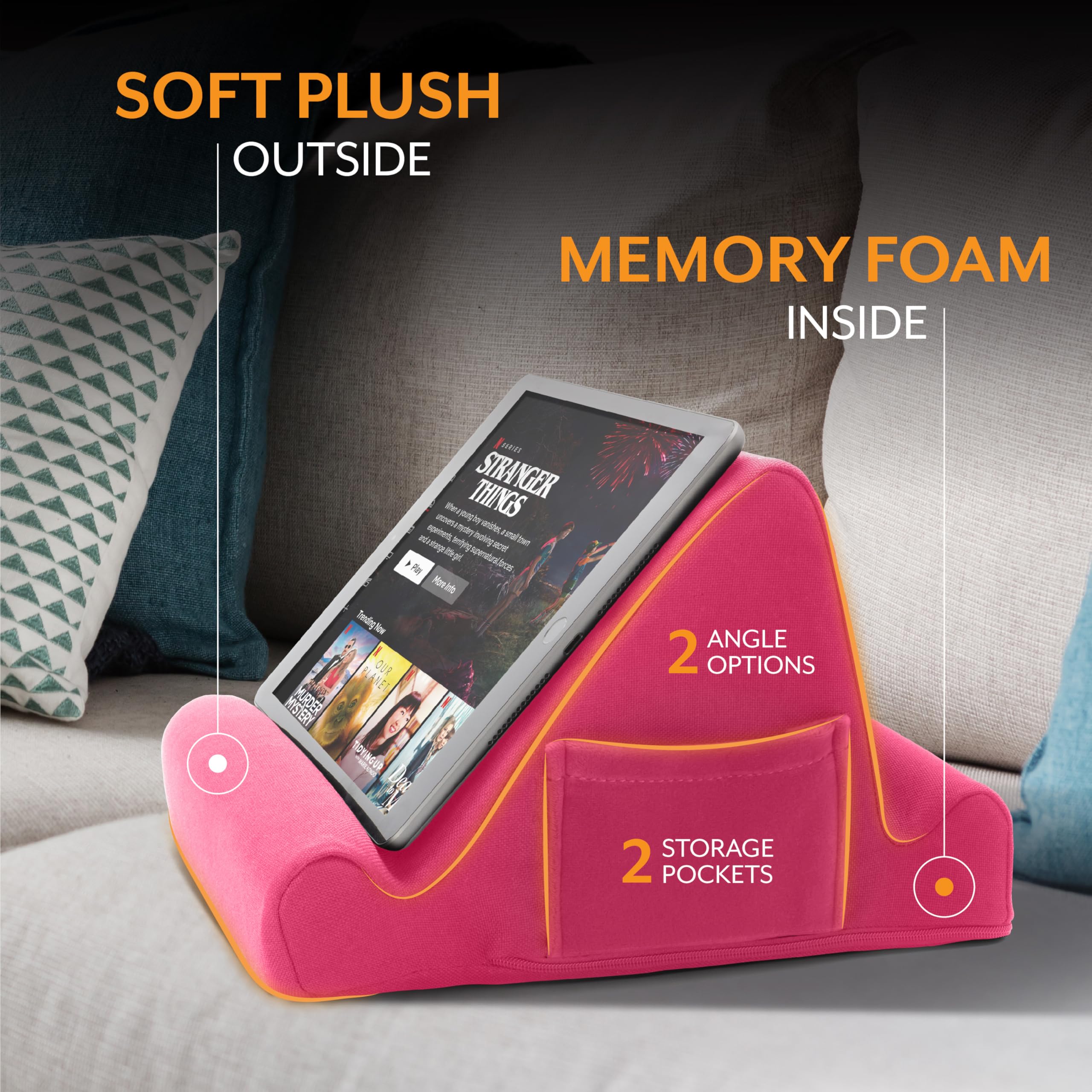 Brookstone, Memory Foam Lap Desk Tablet Holder, Holds Phones, Ipads, E Book Readers, 2 Viewing Angles, 2 Side Pockets For Accessories, Book Holder Cushion, Perfect For Home, Car Travel, Flights, Pink