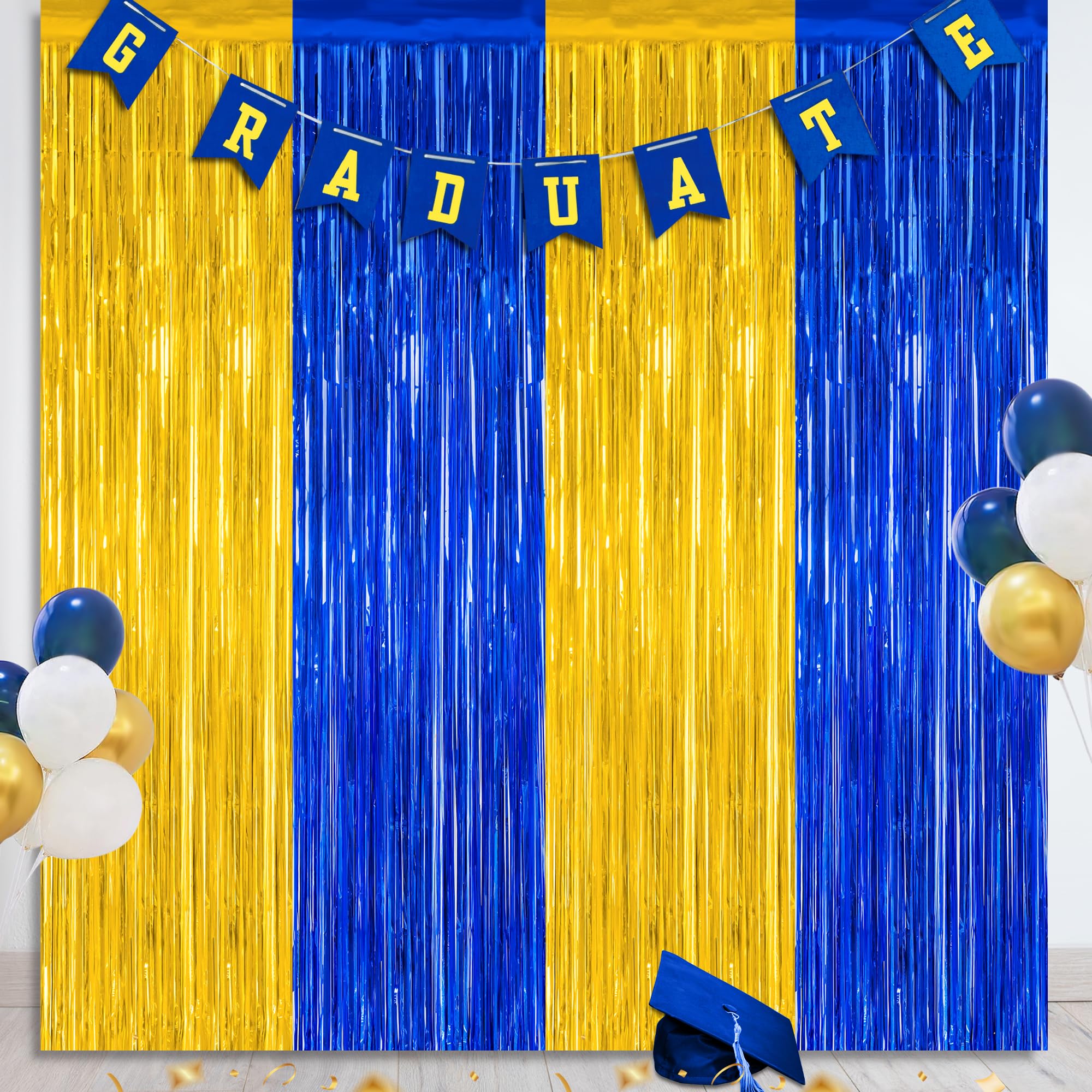 2 Pack Graduation Backdrop, 3.28 FT x 7.05 FT Class of 2025 Decorations, Blue Gold Fringe Curtains Tinsel Backdrop Party Streame