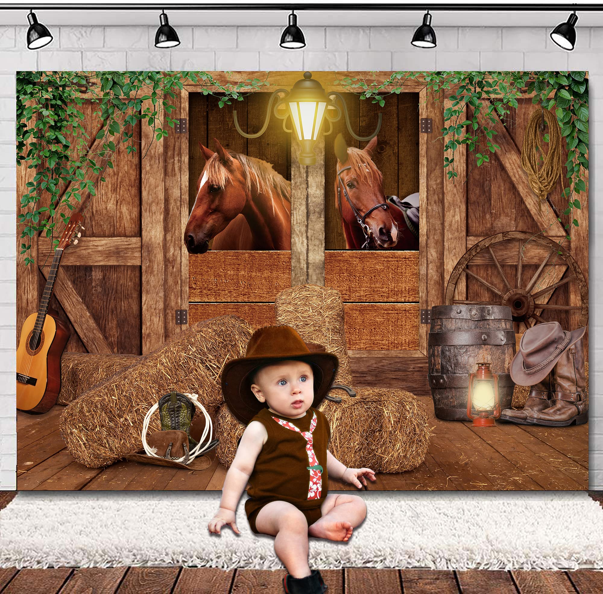 Svbright Western Cowboy Backdrop Stable Backdrop 7Wx5H Garage Door Wild West Horse Brown Barn Door Old Wood Wheels Boy Man Birth