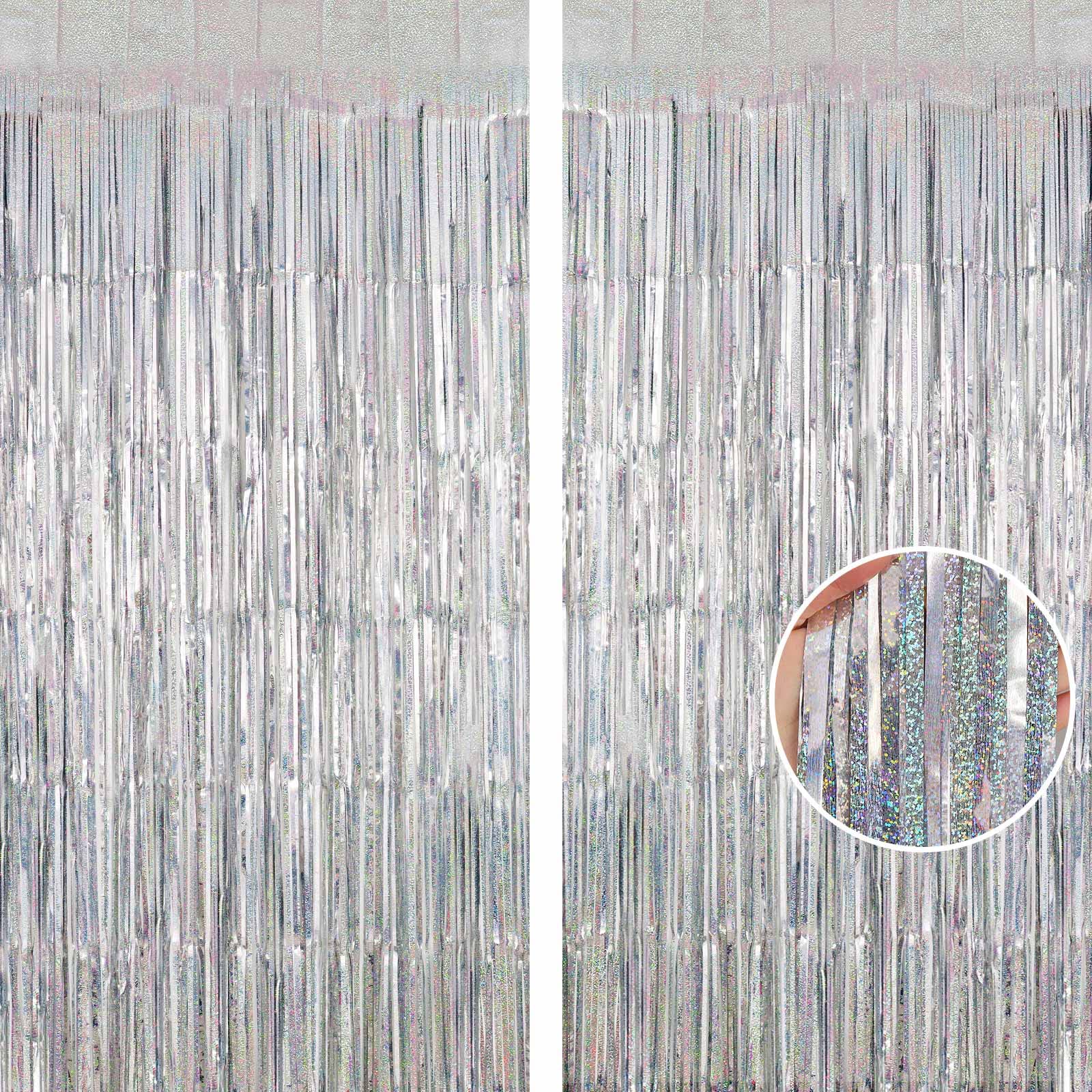 Silver Tinsel Foil Fringe Curtain Backdrop, 3.3 X 8.2 Ft Metallic Glitter Curtain Streamers, 2 Pack Silver Photoboth For Birthda