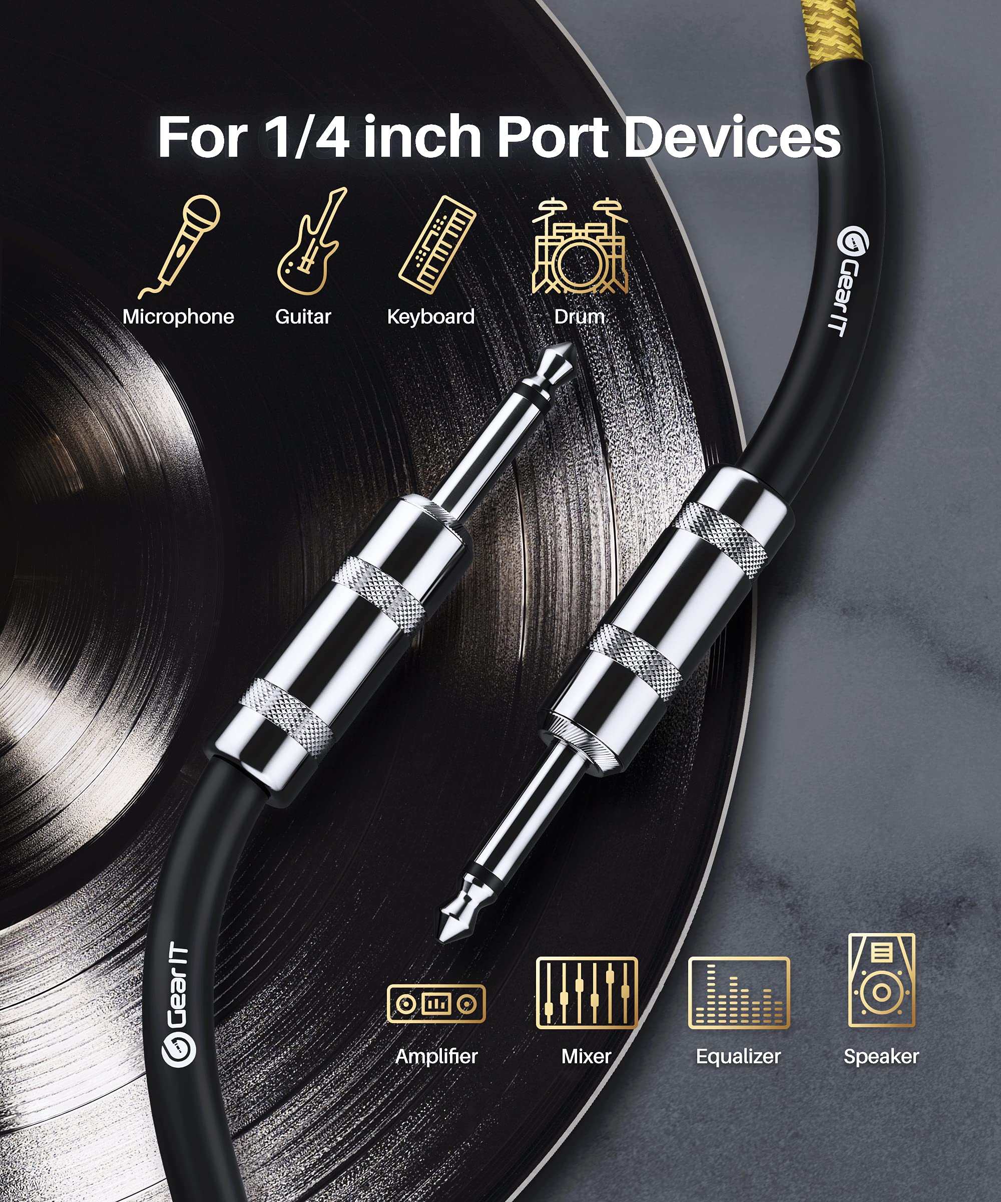 Gearit Audio Instrument Cable (10Ft) 1/4 Inch To 1/4 Inch Straight Male To Male For Amp Cord, Bass And Electric Guitar   Brown/Y