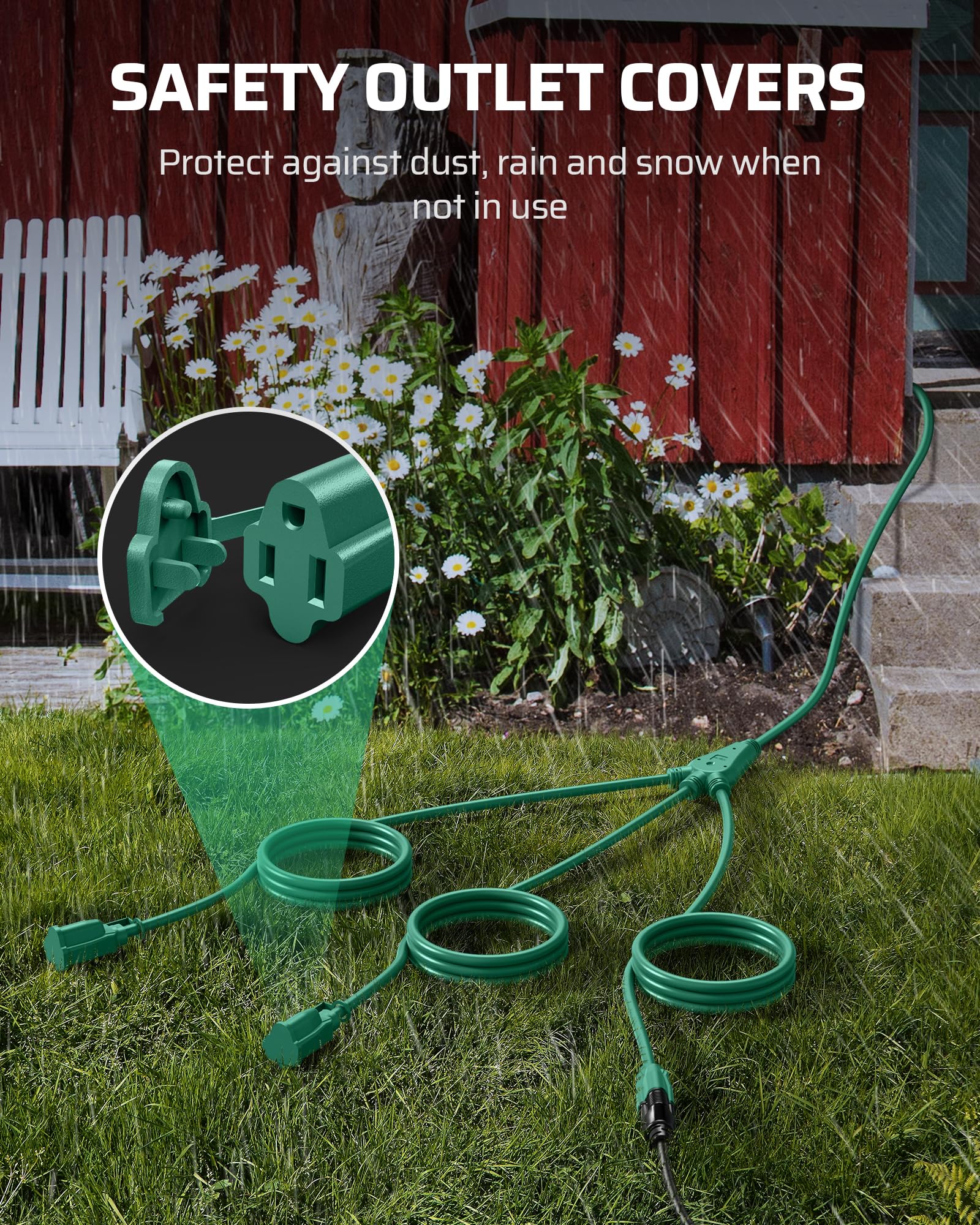 Dewenwils Outdoor Extension Cord 1 To 3 Splitter For Outdoor Lights, 3 Prong Outlets Plugs, Max 28Ft End To End (40 Ft Total),16