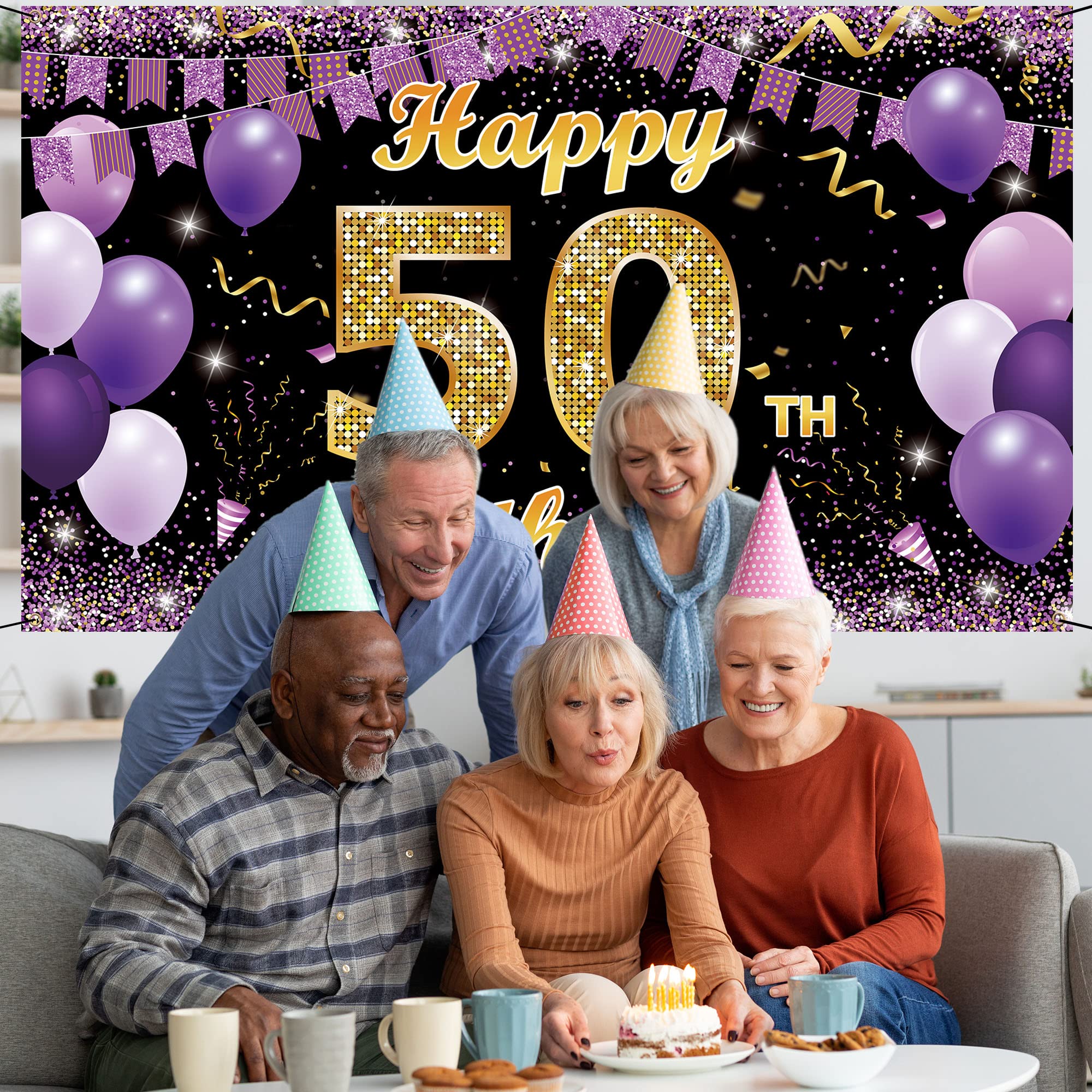 50Th Birthday Decorations Backdrop Banner, Happy 50Th Birthday Decorations For Her, Gold Purple 50 Birthday Party Photo Backdrop