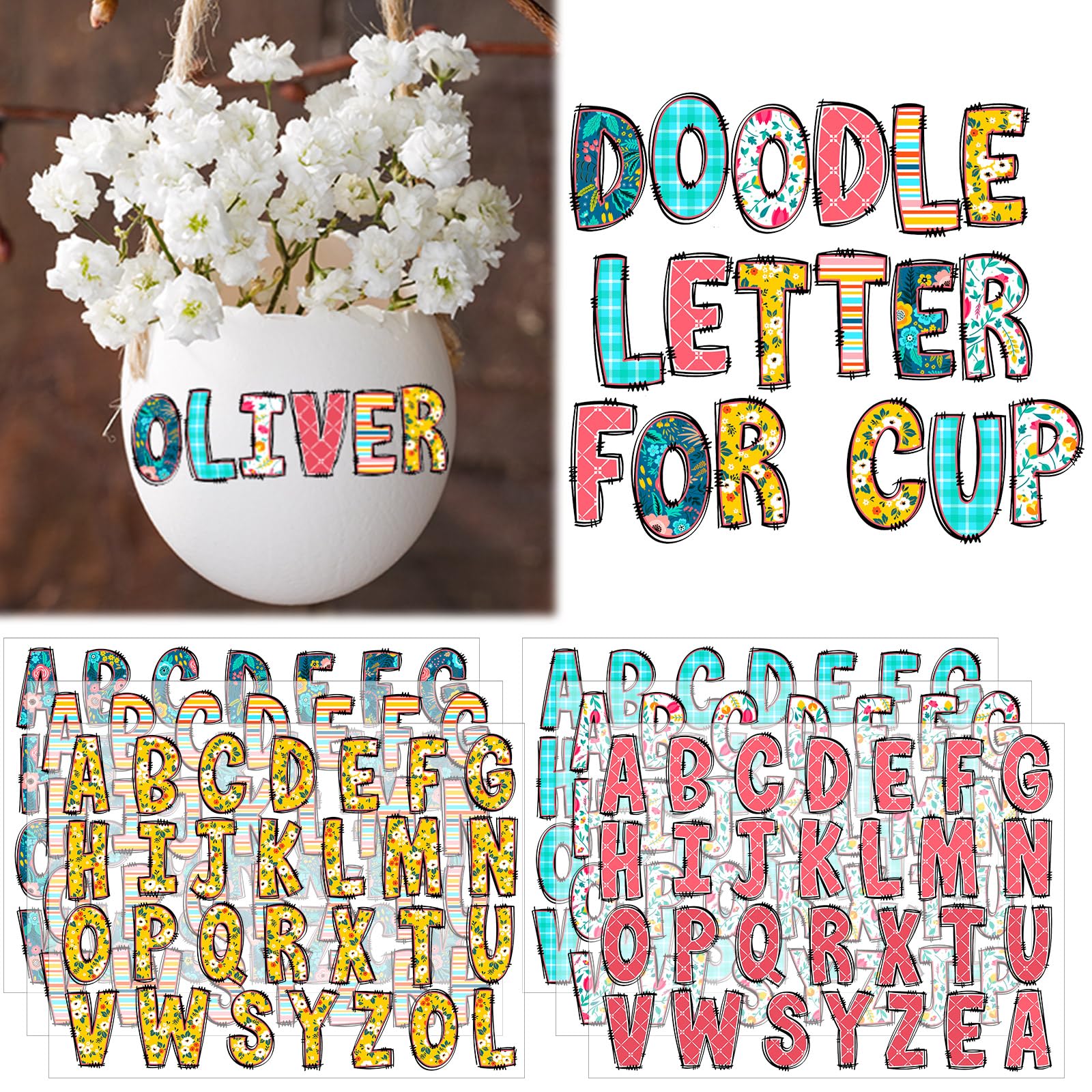 Humyoun 6 Pcs Uv Dtf Cup Wrap Flower Letters Custom Transfer Letter Stickers Personalized Spring Valentine Vinyl Name Decal For