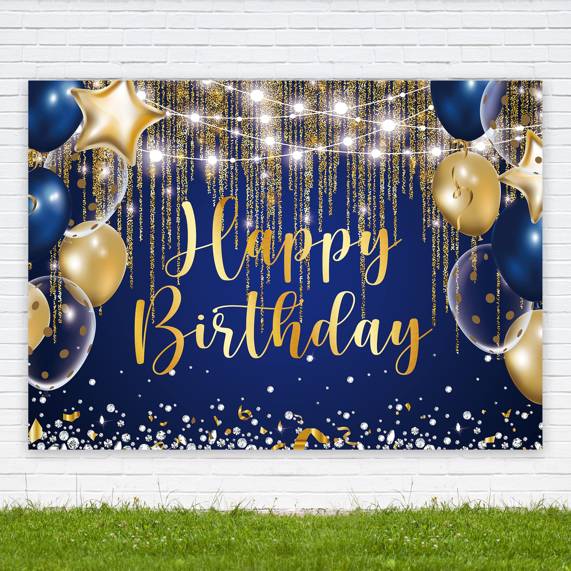 Riyidecor Blue Gold Happy Birthday Navy Royal Backdrop 7Wx5H Feet Polyester Fabric Men Boy Golden Dot Balloon Diamond Sparkle Co