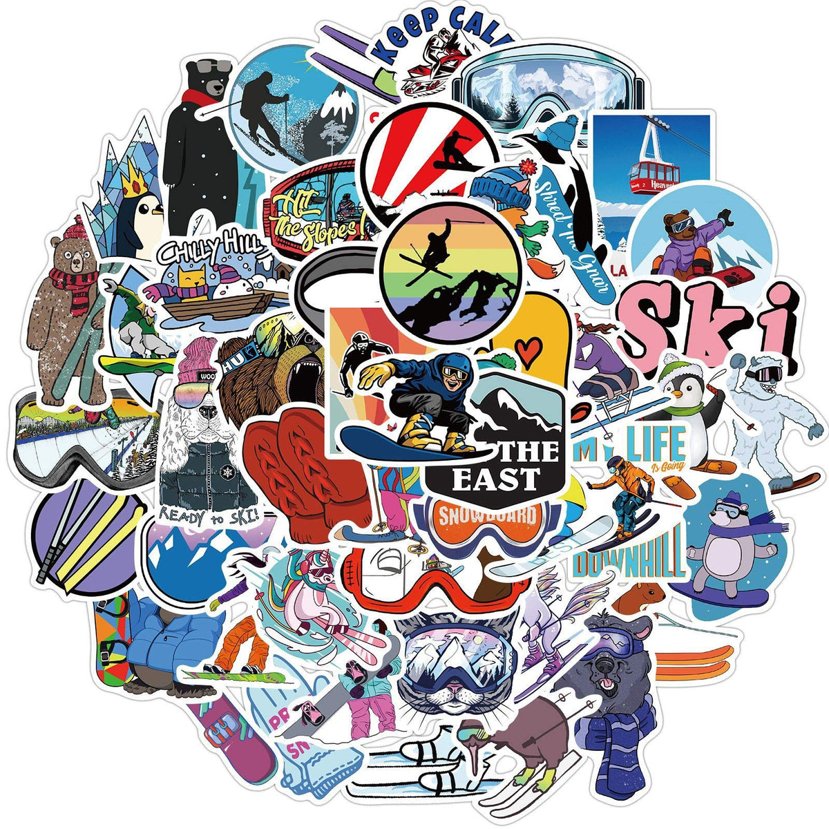 Winter Skiing Stickers Pack 50Pcs Colorful Waterproof Ski Cartoon Stickers For Flask, Laptop, Water Bottle, Cute Aesthetic Vinyl