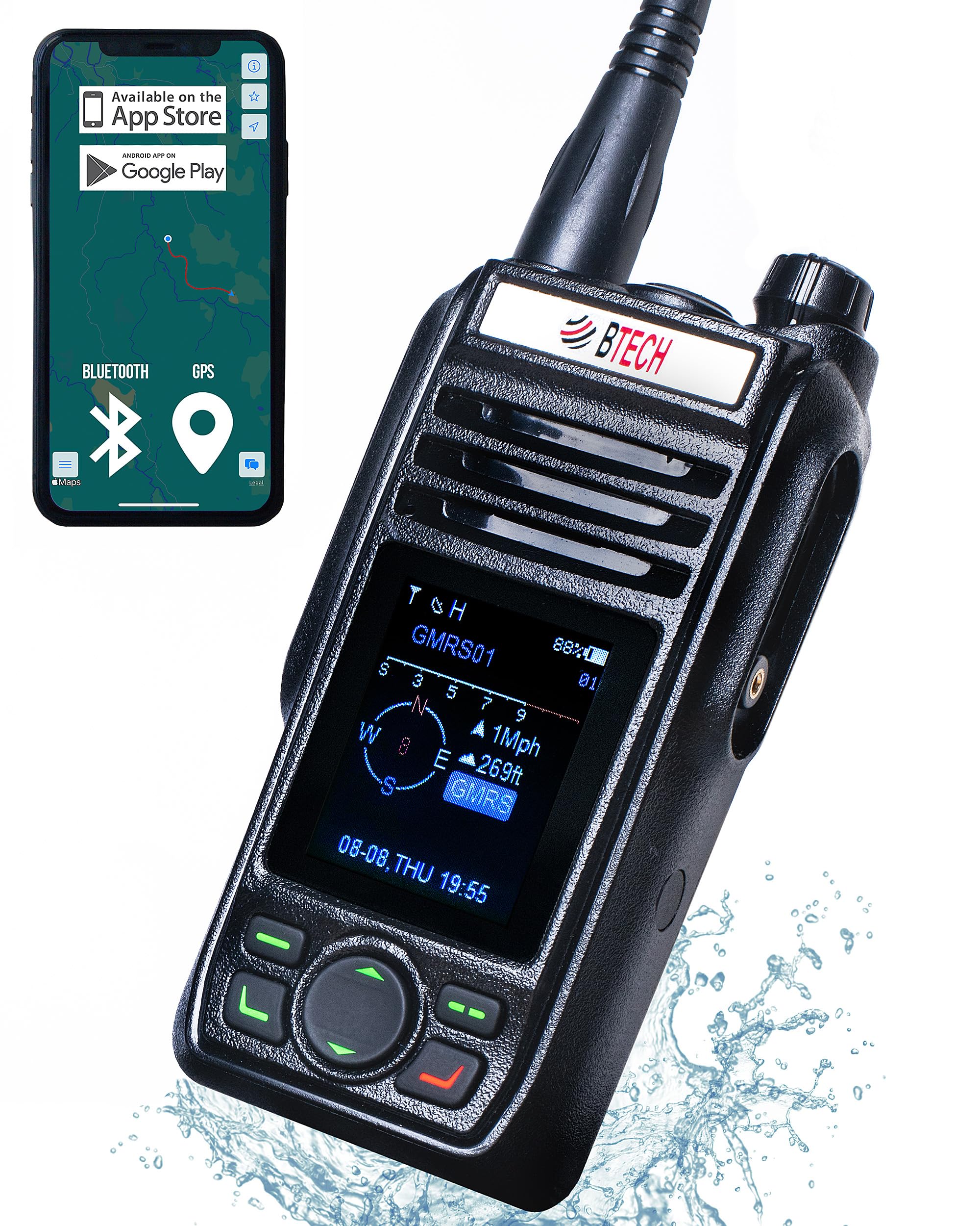 BTECH GMRS-PRO IP67 Submersible Radio with Texting & Location Sharing, GPS, Bluetooth Audio, Compass, NOAA Weather Alerts, Dual 