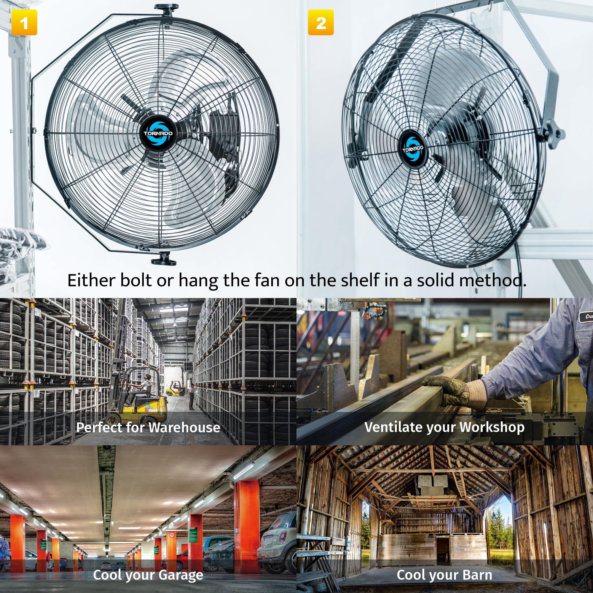 Tornado 24-Inch High Velocity Wall Mount Fan - 3-Speed Industrial Metal Fan With 6.5 Ft Power Cord - Commercial, Residential Use