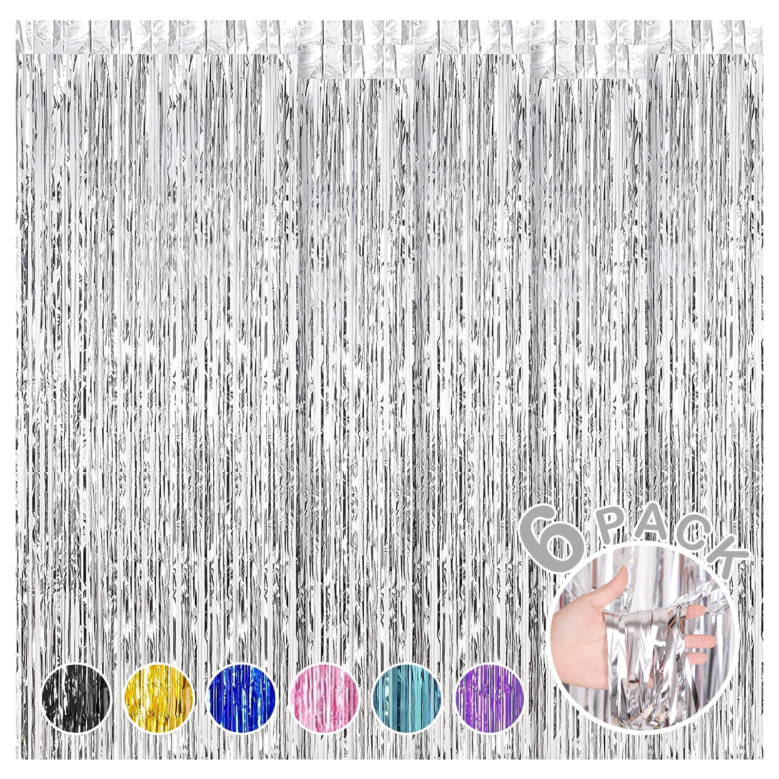 6 Pack Foil Fringe Backdrop Curtains, 3.28 X 8.2 Ft Silver Tinsel Streamers Metallic Tinsel Foil Fringe Curtains Photo Booth Bac