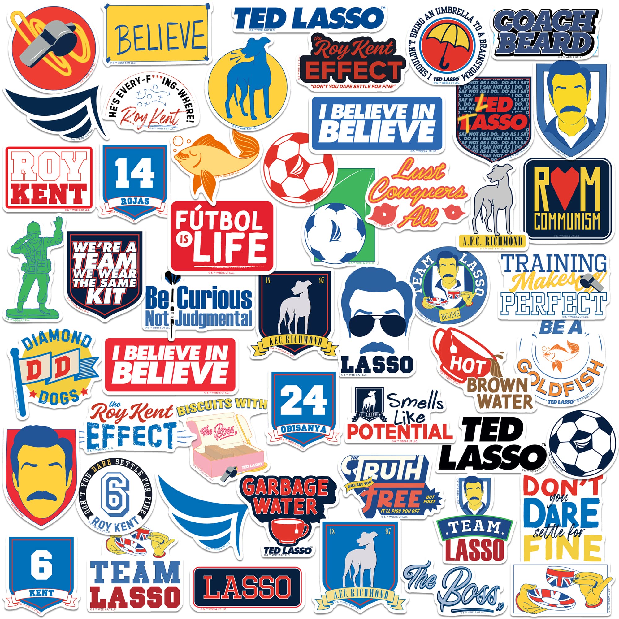 Ted Lasso 50Ct Sticker Pack Large Deluxe Stickers Variety Pack   Laptop, Water Bottle, Scrapbooking, Tablet, Skateboard, Indoor/