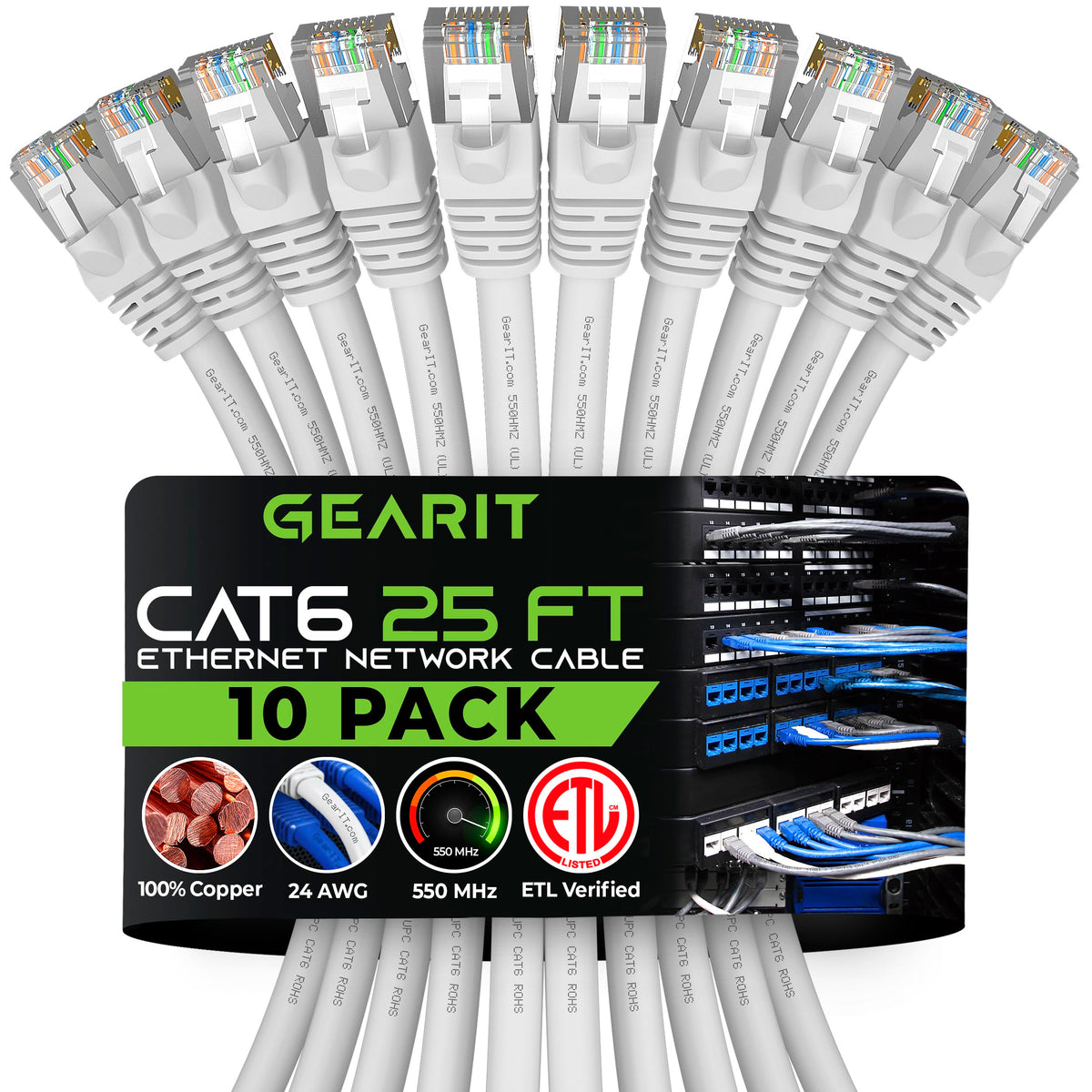 Gearit 10 Pack, Cat 6 Ethernet Cable Cat6 Snagless Patch 25 Feet   Computer Lan Network Cord, White   Compatible With 10 Port Sw