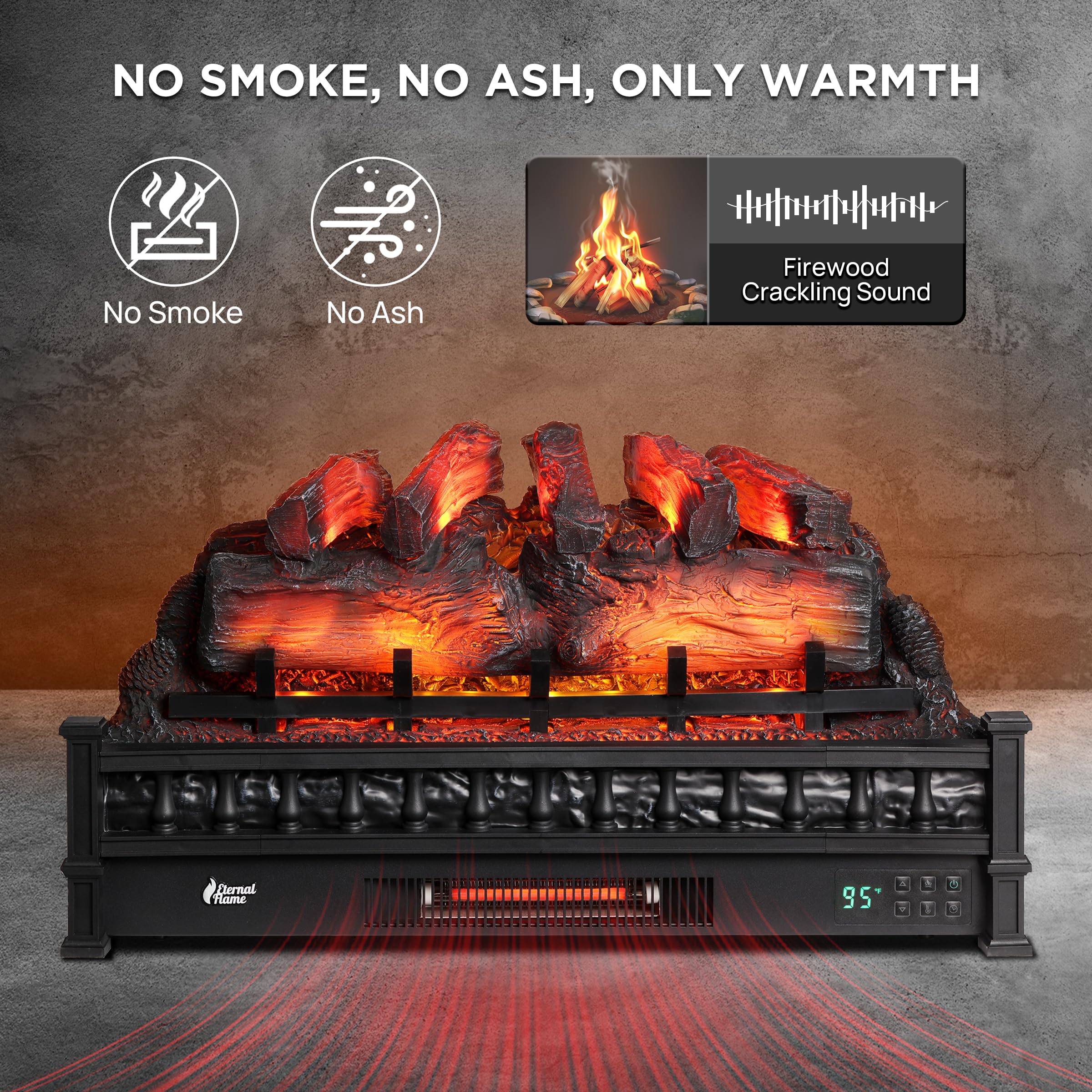 Turbro Eternal Flame 30 In. Wifi Infrared Quartz Electric Fireplace Log Heater With Sound Crackling, Realistic Pinewood Logs, Ad