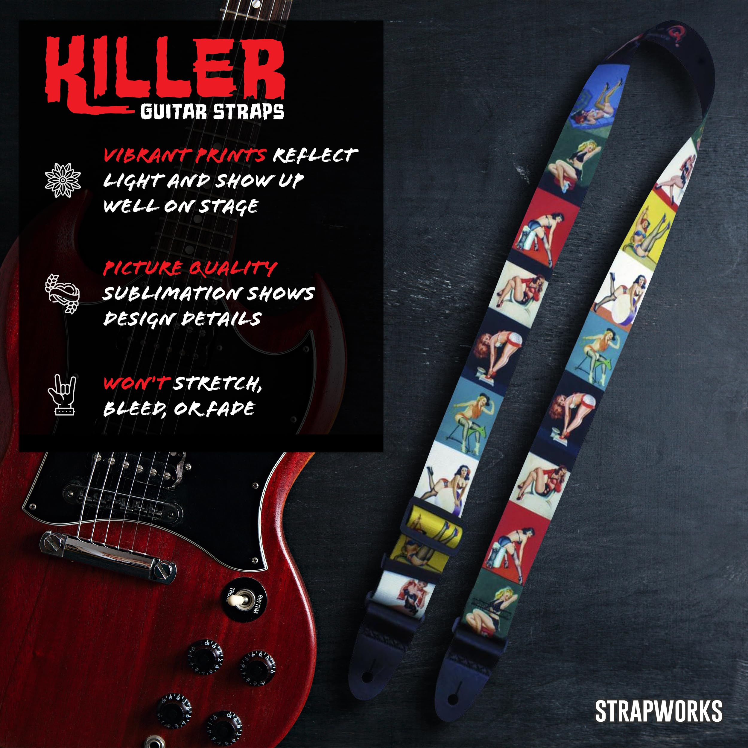 Killer Q Guitar Strap   Stylish Straps For Electric And Acoustic Guitars With Leather Tabs, 2 Inches X 5 Feet, Pin Up Girls