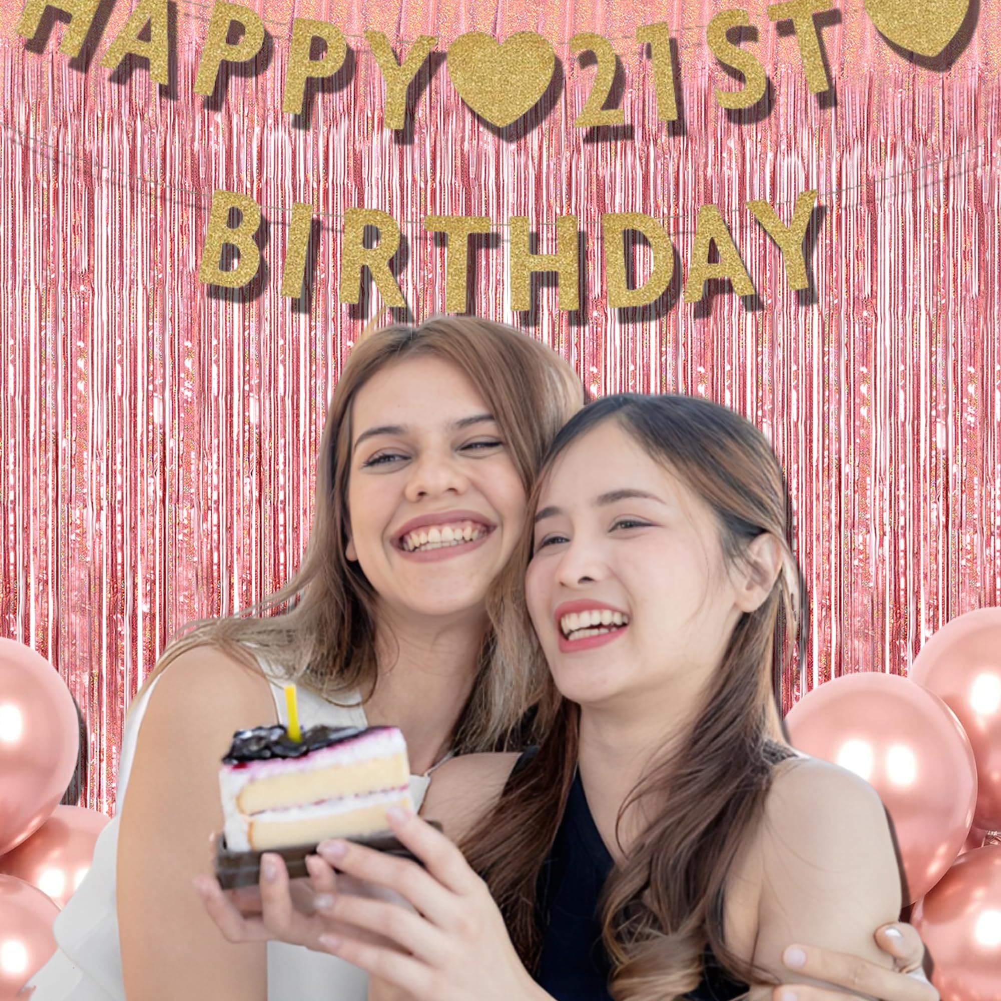 Braveshine Rose Gold Metallic Tinsel Backdrop   2Pcs 3.2X8.2Ft Metallic Tinsel Foil Fringe Curtains Photo Booth Streamers For 21