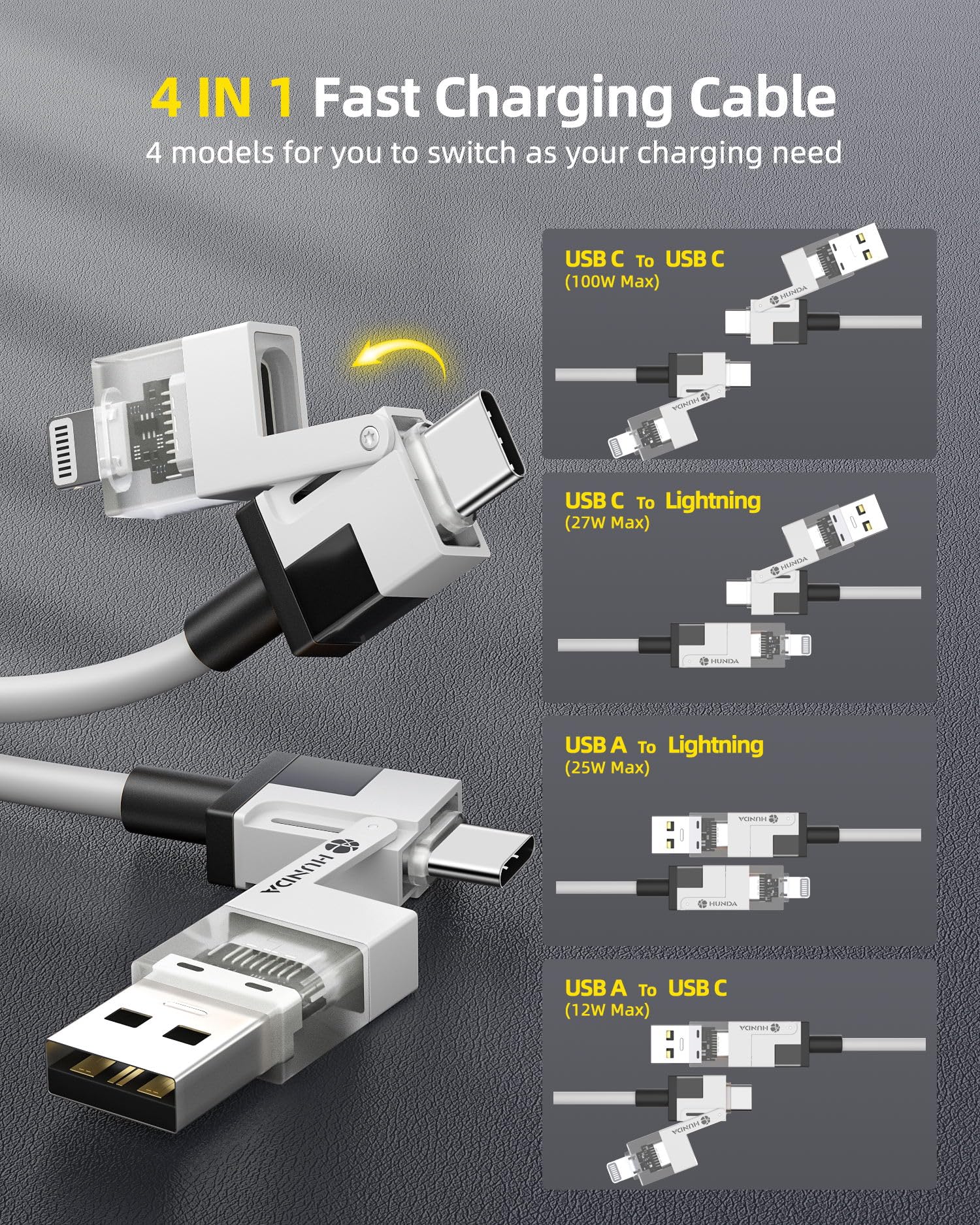 HUNDA 4-in-1 USB C to Lightning & USB A Charging Cable 100W Silicone White 5ft