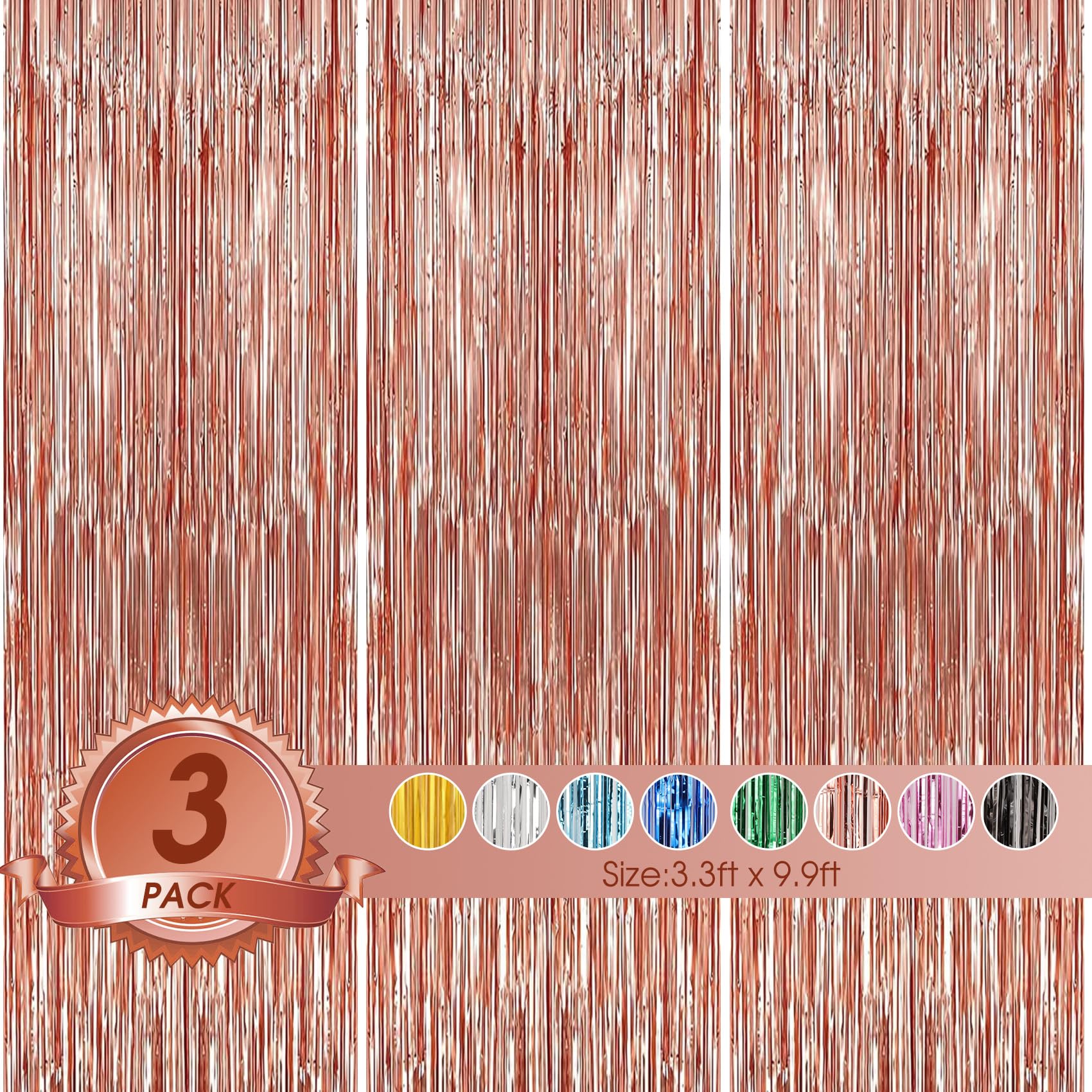 Tenlaitech 3 Pack 3.3 X 9.9 Ft Rose Gold Foil Fringe Backdrop Curtain, Streamer Backdrop Curtains, Streamers Birthday Party Deco