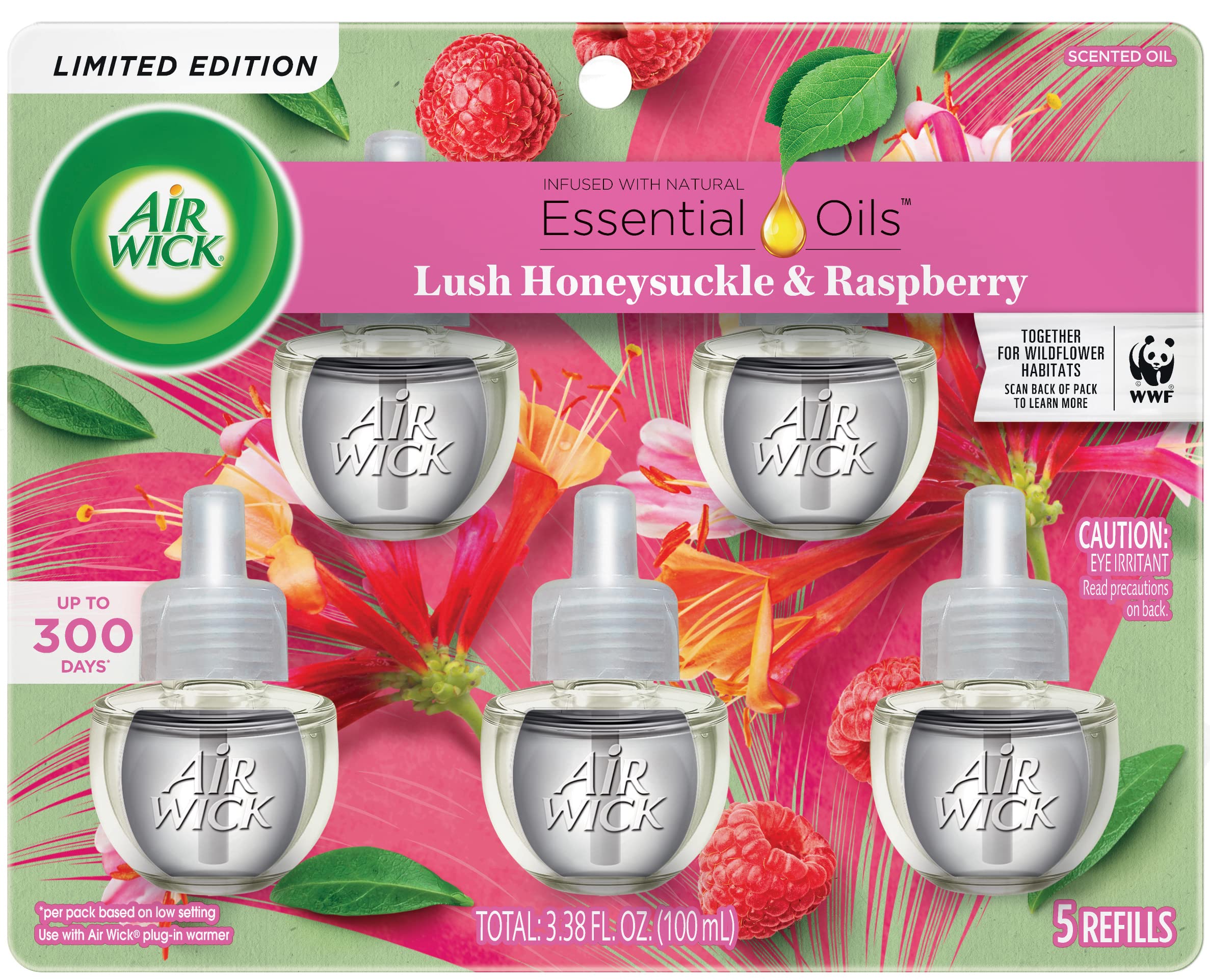 Air Wick Plug In Scented Oil Refill, 5 Ct, Lush Honeysuckle And Raspberry, Air Freshener, Essential Oils, Spring Collection