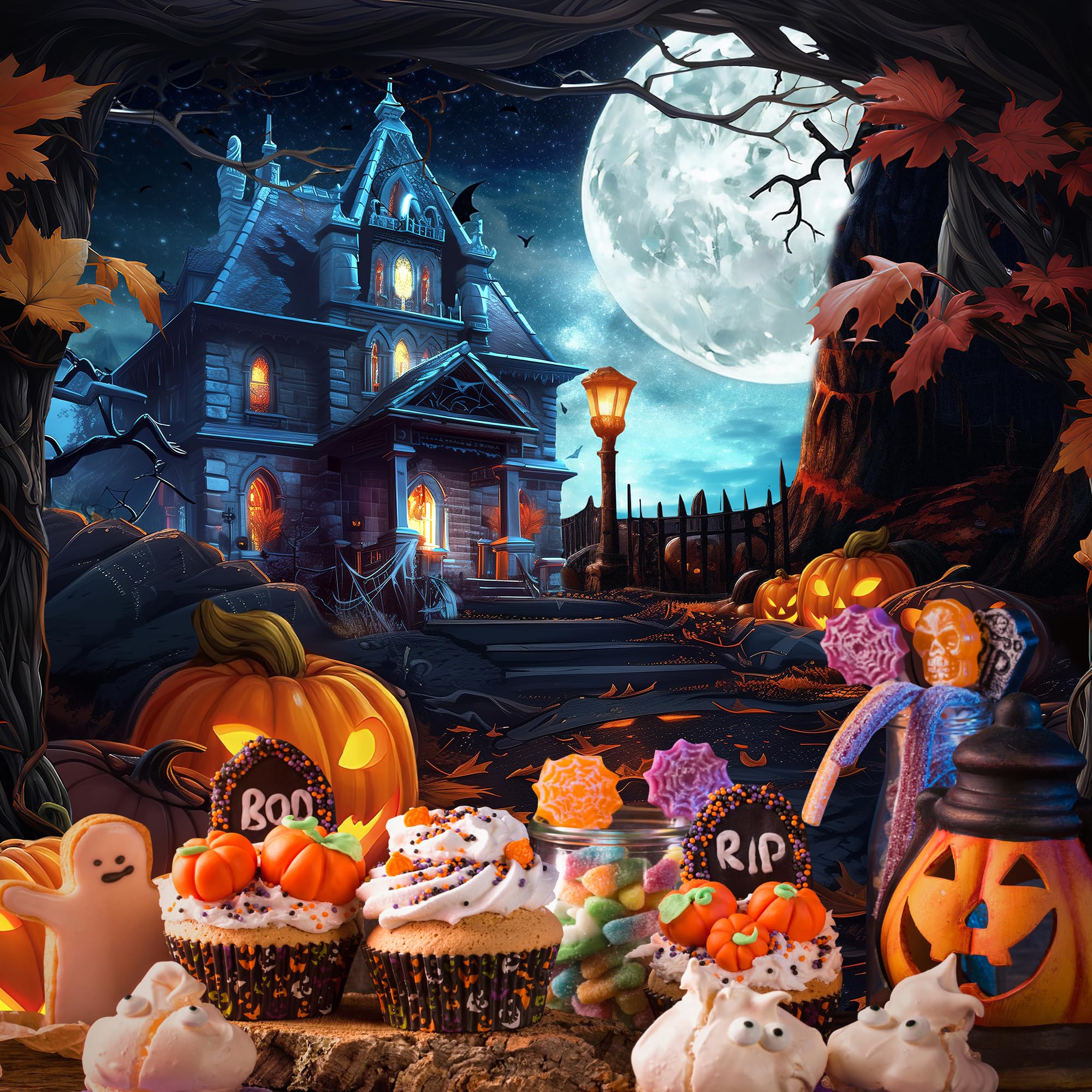 Imirell Halloween Backdrop 7Wx5H Feet Witchy Spooky Castle Moon Night Pumpkin Lantern Autumn Fall Maple Leaves Polyester Fabric
