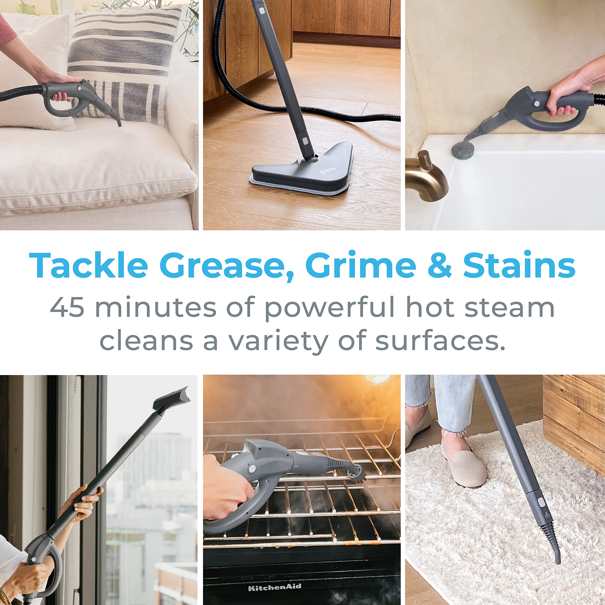 Pure Enrichment Pureclean Steam Cleaner With 17 Accessories, Multi Purpose Household Rolling Steamer For Chemical Free Deep Clea