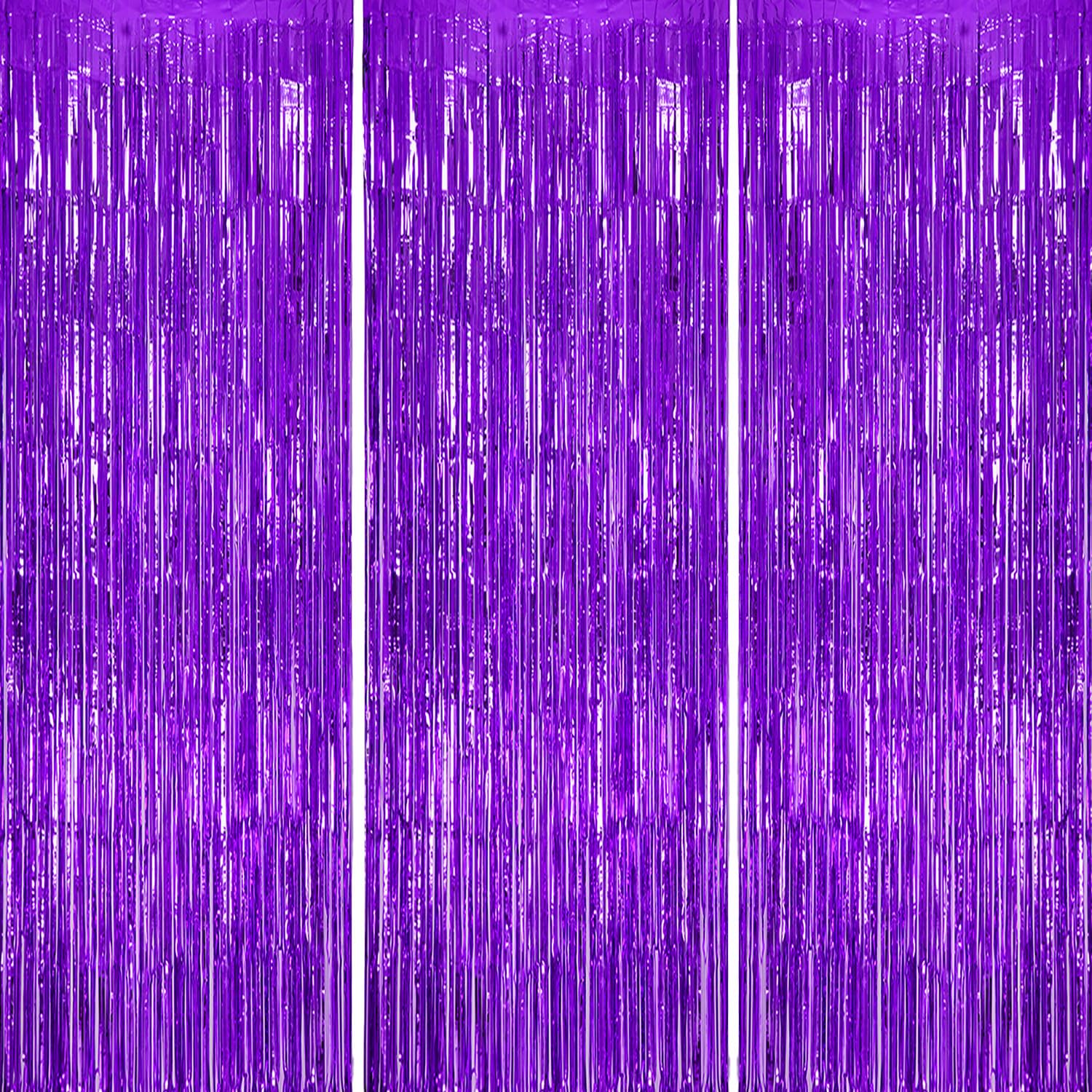 Decockrat 3 Pack Foil Fringe Backdrop   Purple Shiny Tinsel Curtains For Party Decoration/Photo Booth Props   3.3X8.2 Ft Metalli