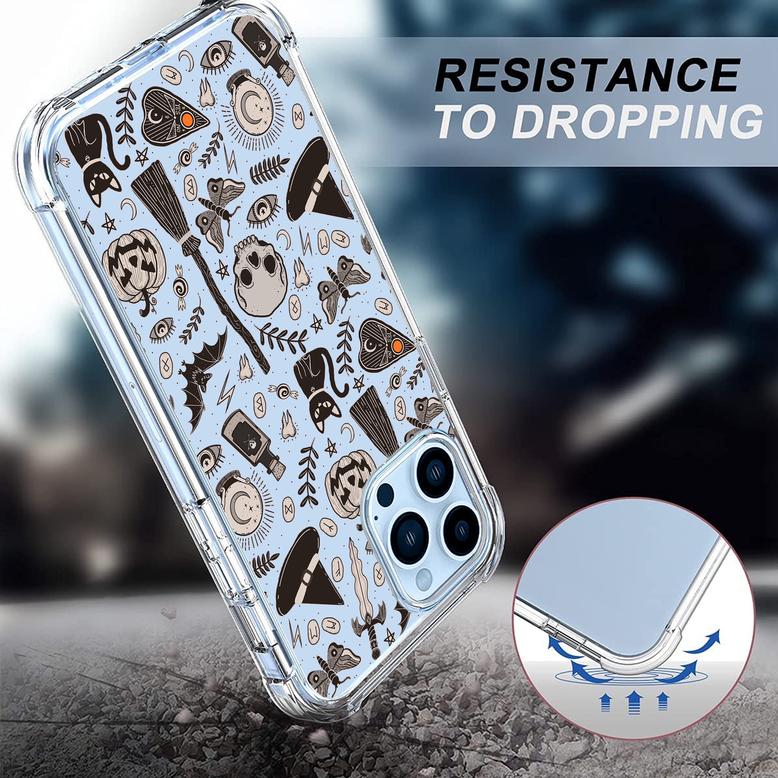 Vesidurt Black Halloween Clear Case For Iphone 14 Pro Max,Pumpkin Skull Bat Pattern For Men Women,Trendy Transparent Soft Tpu Bu