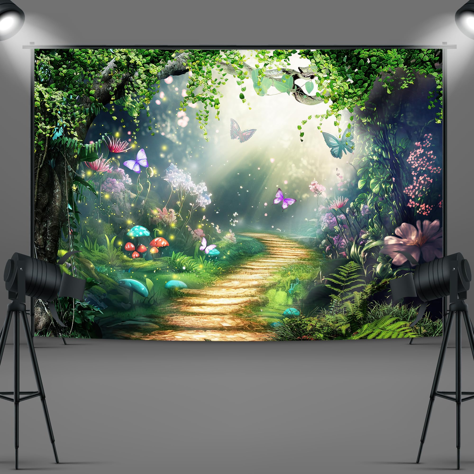 Imirell Fairy Woodland Tale Backdrop 8Wx6H Feet Enchanted Green Spring Butterfly Flower Princess Birthday Wedding Polyester Fabr
