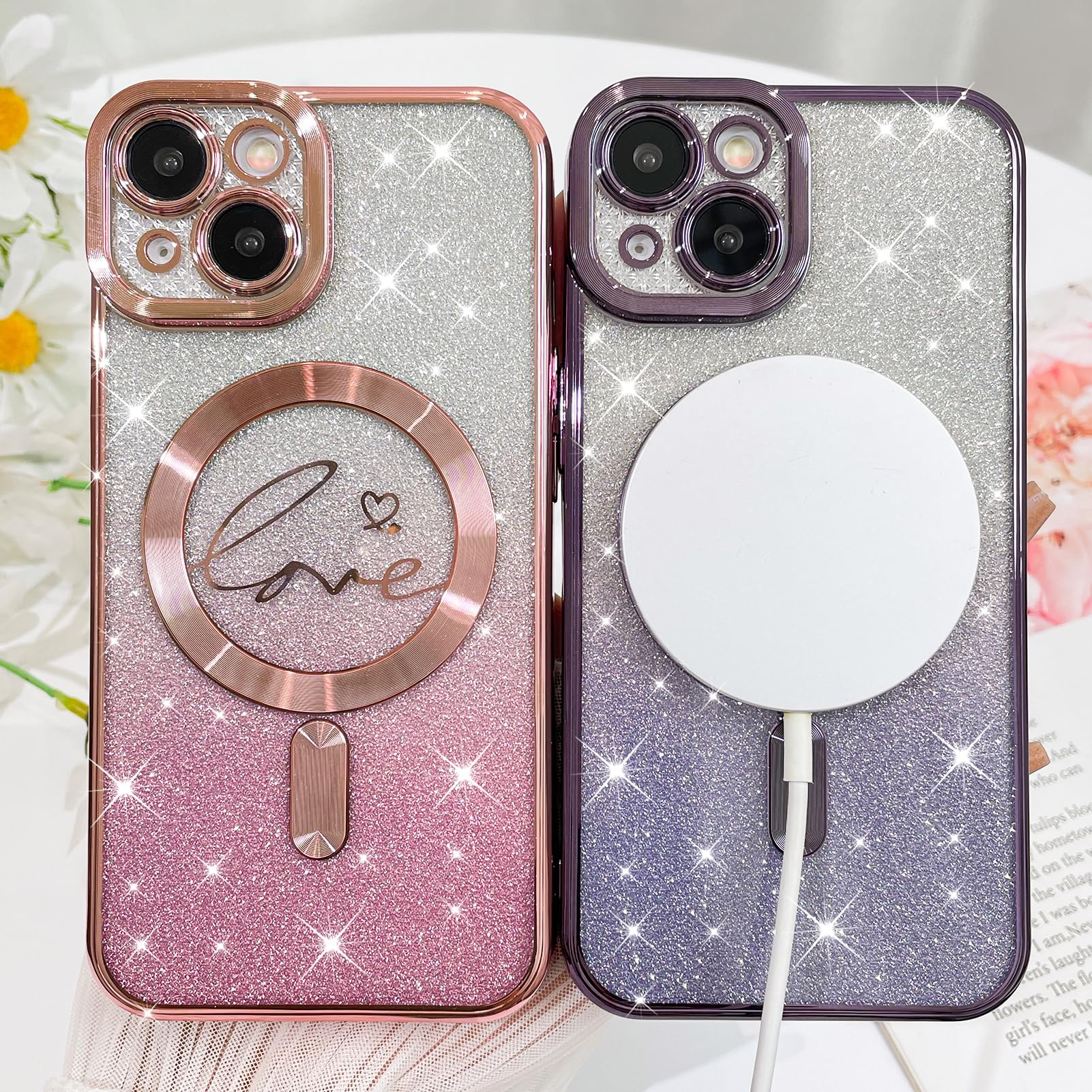 Fiyart Designed For Iphone 14 Plus Case,Compatible With Magsafe Love Heart Plating Camera Protection Clear Phone Case, Magnetic