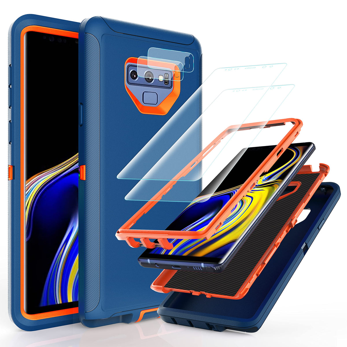 Ymhxcy 3 In 1 Heavy Duty Protection Case For Galaxy Note 9 6.4 Inch,With [ Flexible Tpu Film And Camera Lens Film] 2 Pack Shockp