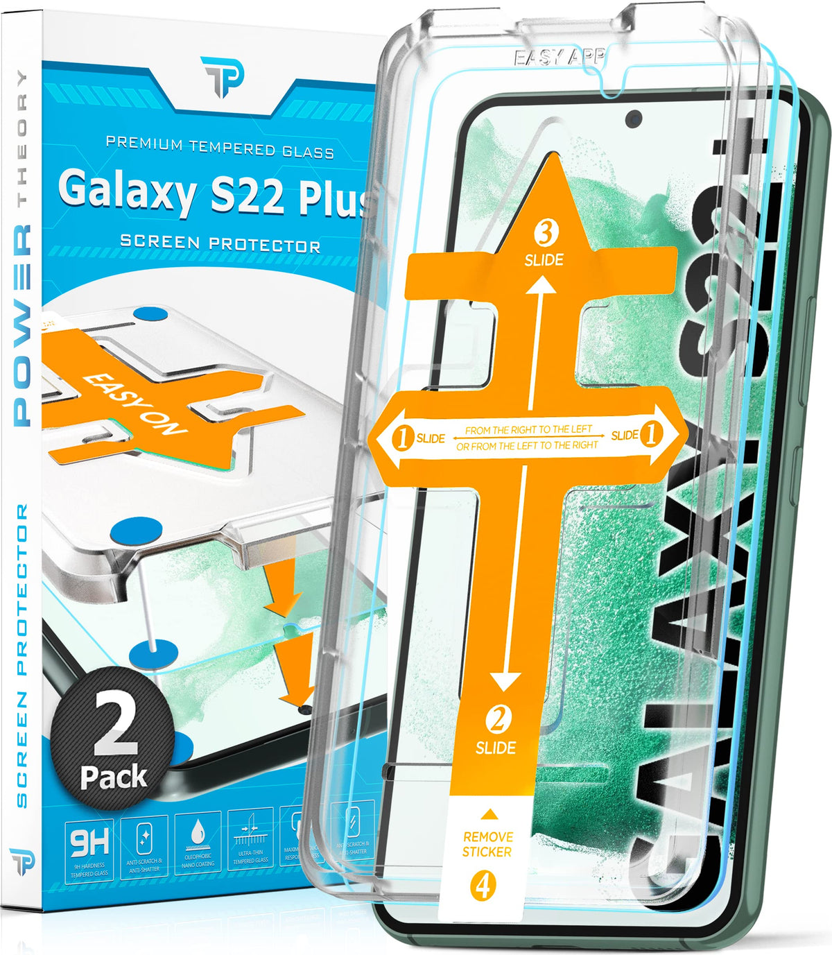 Power Theory Designed For Samsung Galaxy S22 Plus 5G Screen Protector Tempered Glass [9H Hardness], Easy Install Kit, 99% Hd Bub