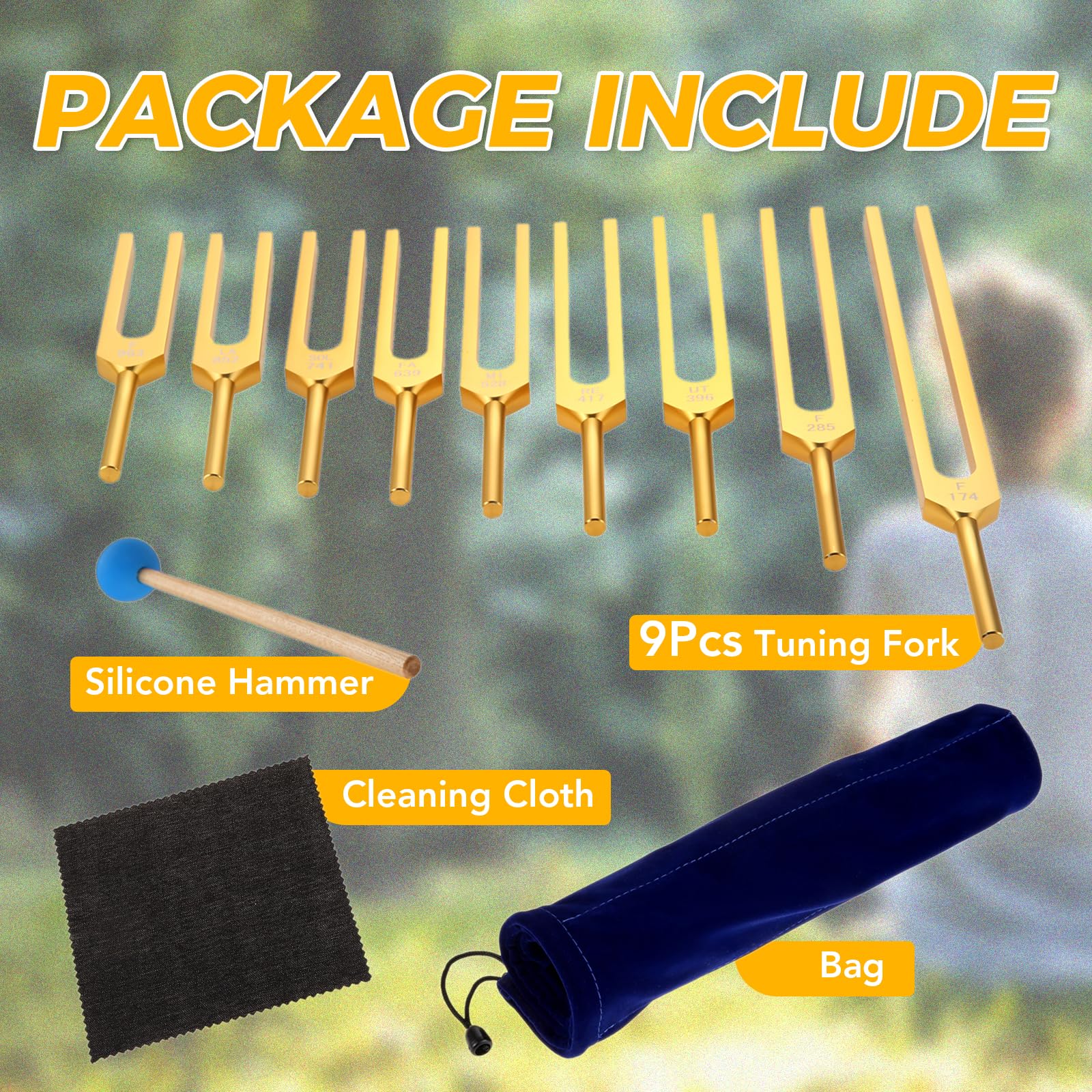 Solfeggio Tuning Fork Set, Golden 9 Tuning Forks With Rubber Hammer And Bag (174 Hz, 285 Hz, 396 Hz, 417 Hz, 528 Hz, 639 Hz, 741