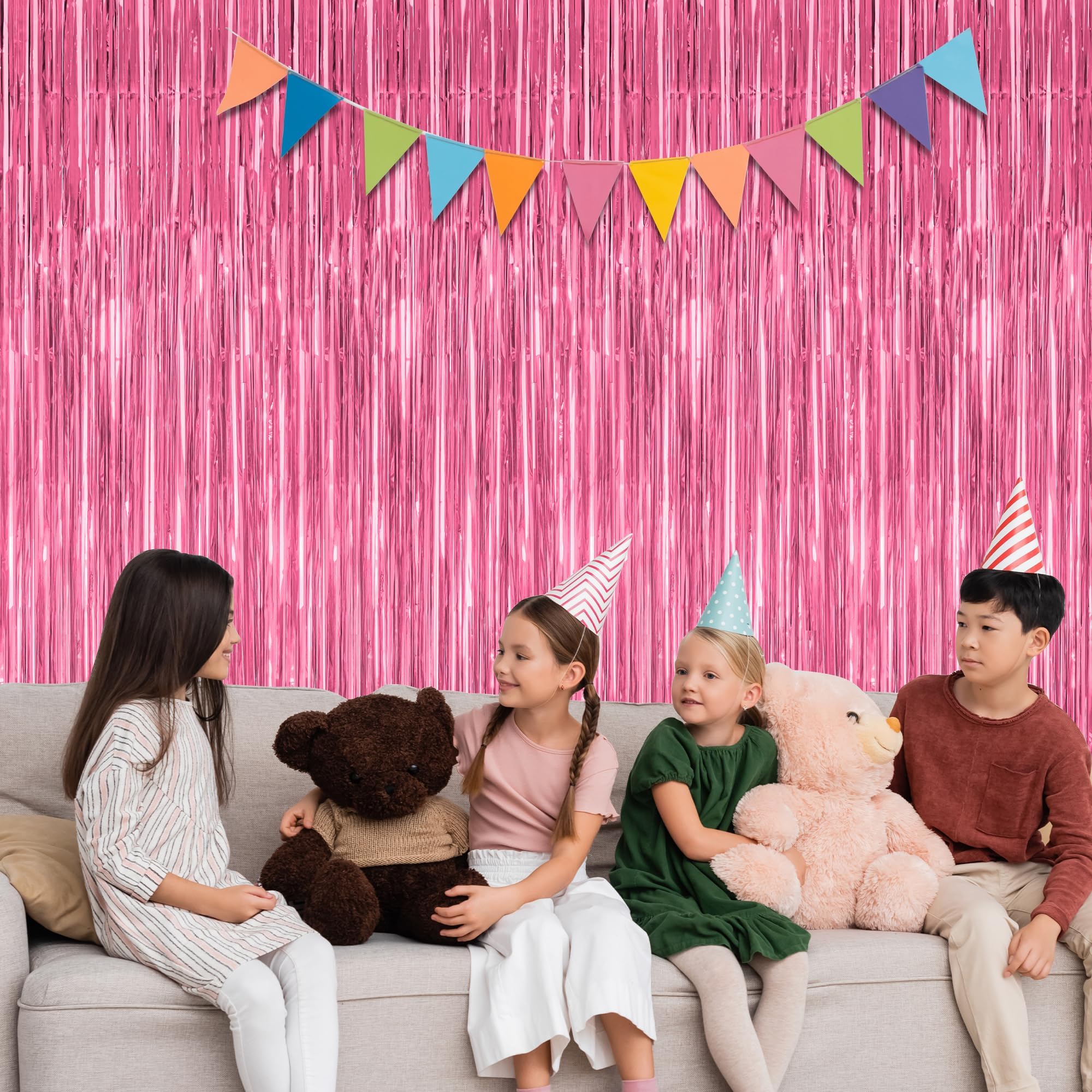 Zataye 12 Pack Pink Backdrop, 3.28 Ft X 7.05 Ft Foil Fringe Curtains, Metallic Pink Tinsel Curtain Party Streamer Birthday Backd